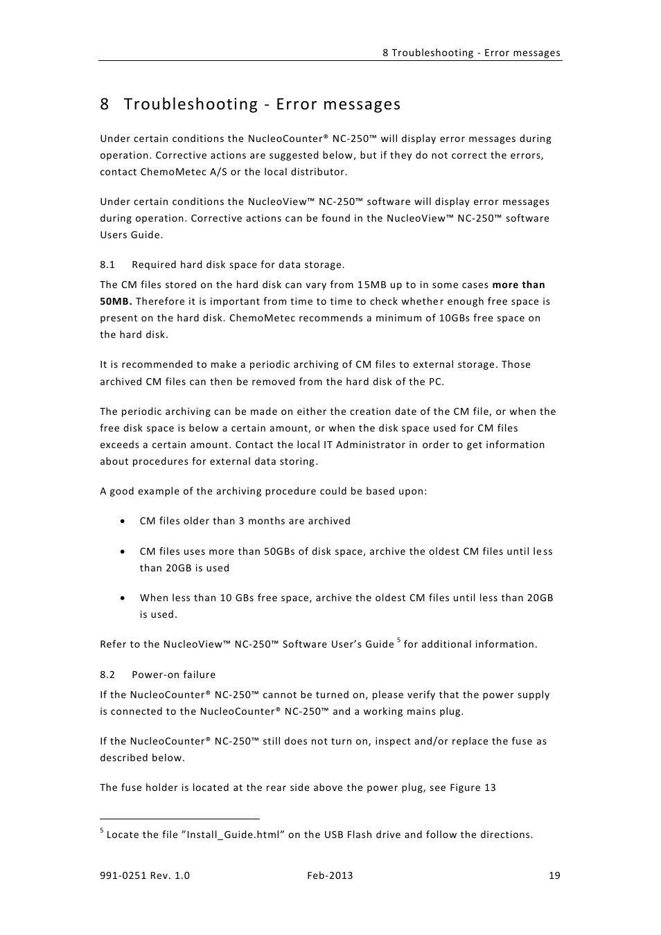 Troubleshooting - error messages, Equired hard disk space for data storage, Ower | On failure, 8 troubleshooting - error messages | ChemoMetec NC-250 User Manual | Page 35 / 46