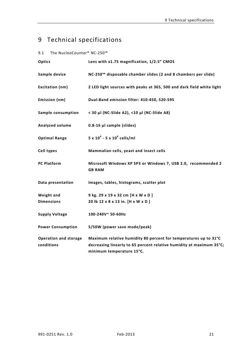 Technical specifications, Ucleo, Ounter | Nc-250, 9 technical specifications | ChemoMetec NC-250 User Manual | Page 37 / 46