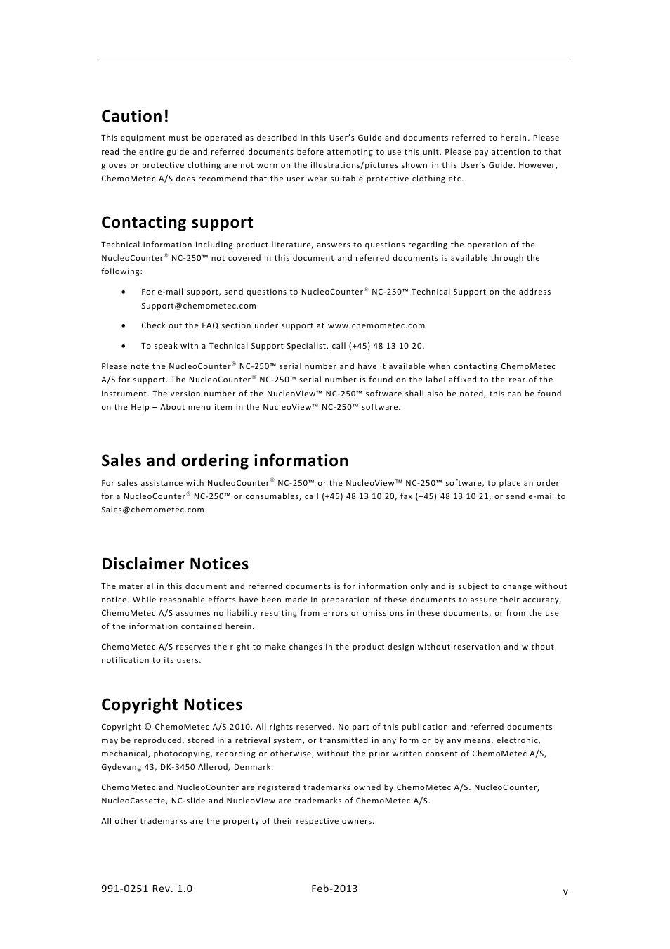 Caution, Contacting support, Sales and ordering information | Disclaimer notices, Copyright notices | ChemoMetec NC-250 User Manual | Page 5 / 46