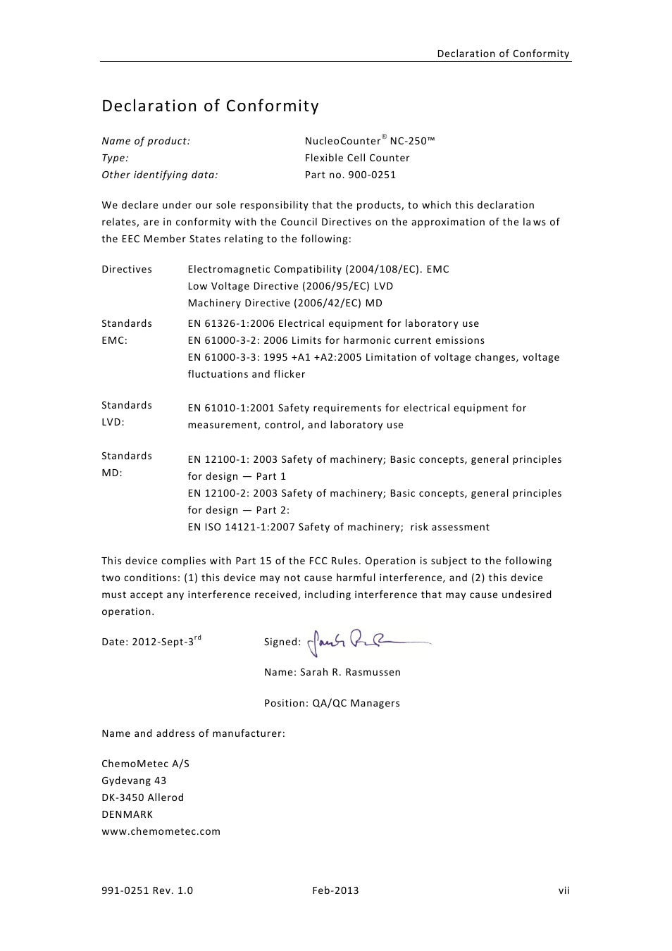 Declaration of conformity | ChemoMetec NC-250 User Manual | Page 7 / 46