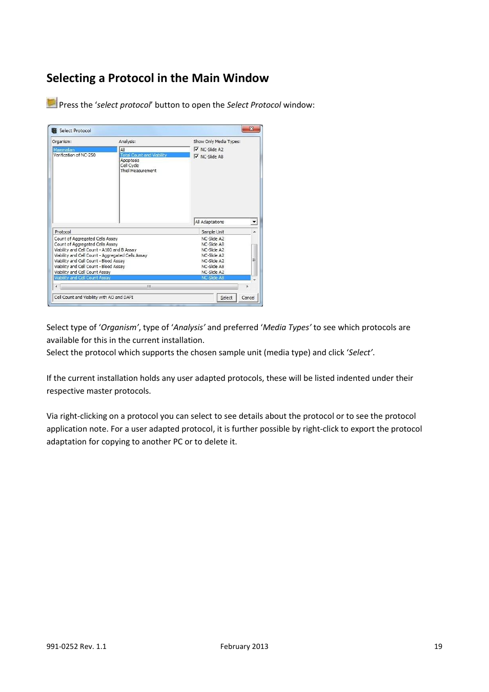 Selecting a protocol in the main window | ChemoMetec NC-250 User Manual | Page 19 / 48