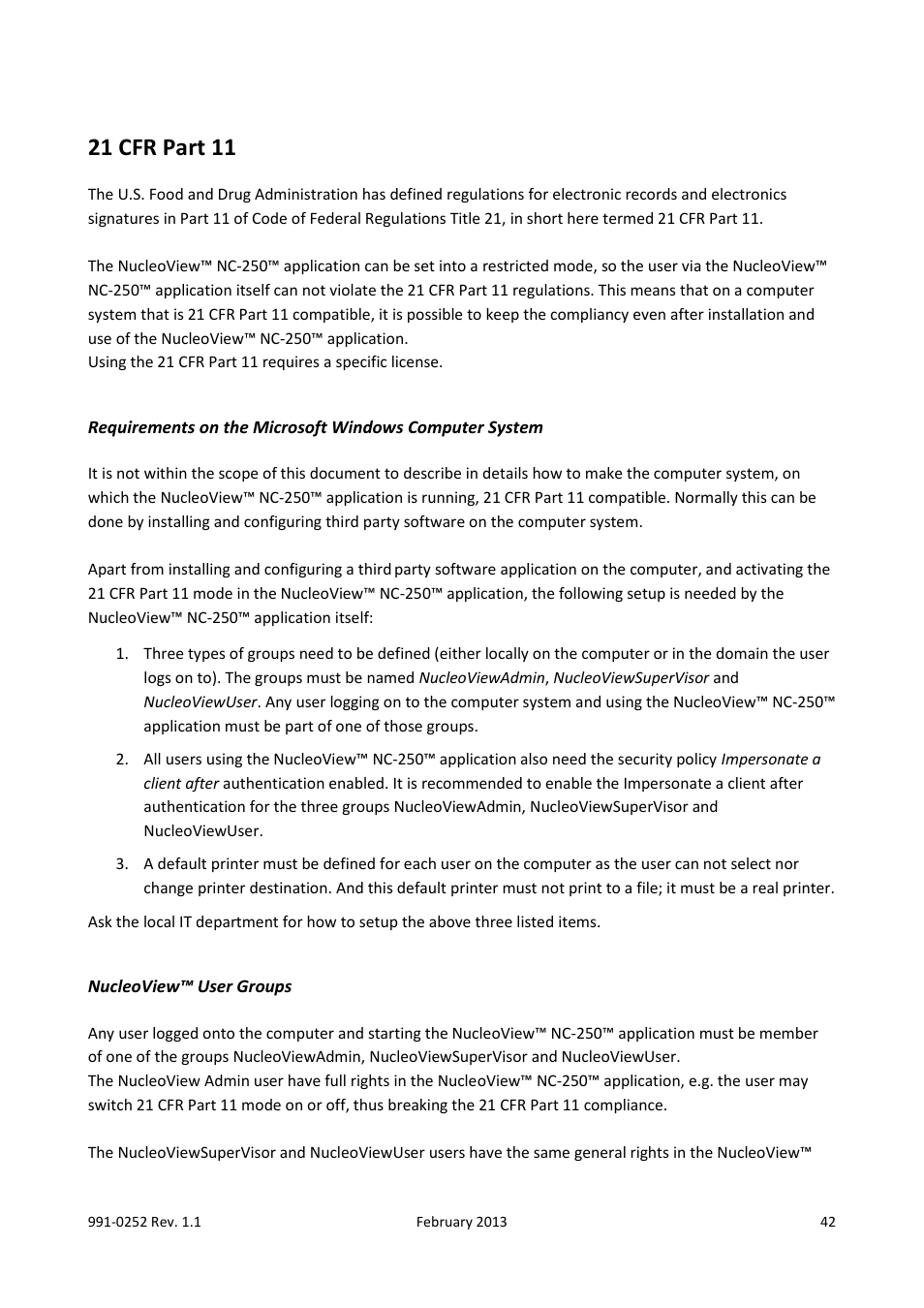 21 cfr part 11, Nucleoview™ user groups | ChemoMetec NC-250 User Manual | Page 42 / 48
