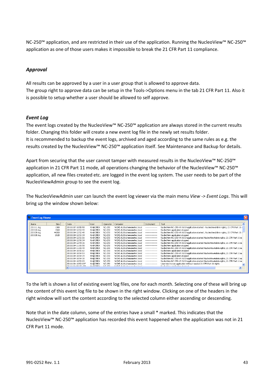 Approval, Event log | ChemoMetec NC-250 User Manual | Page 43 / 48