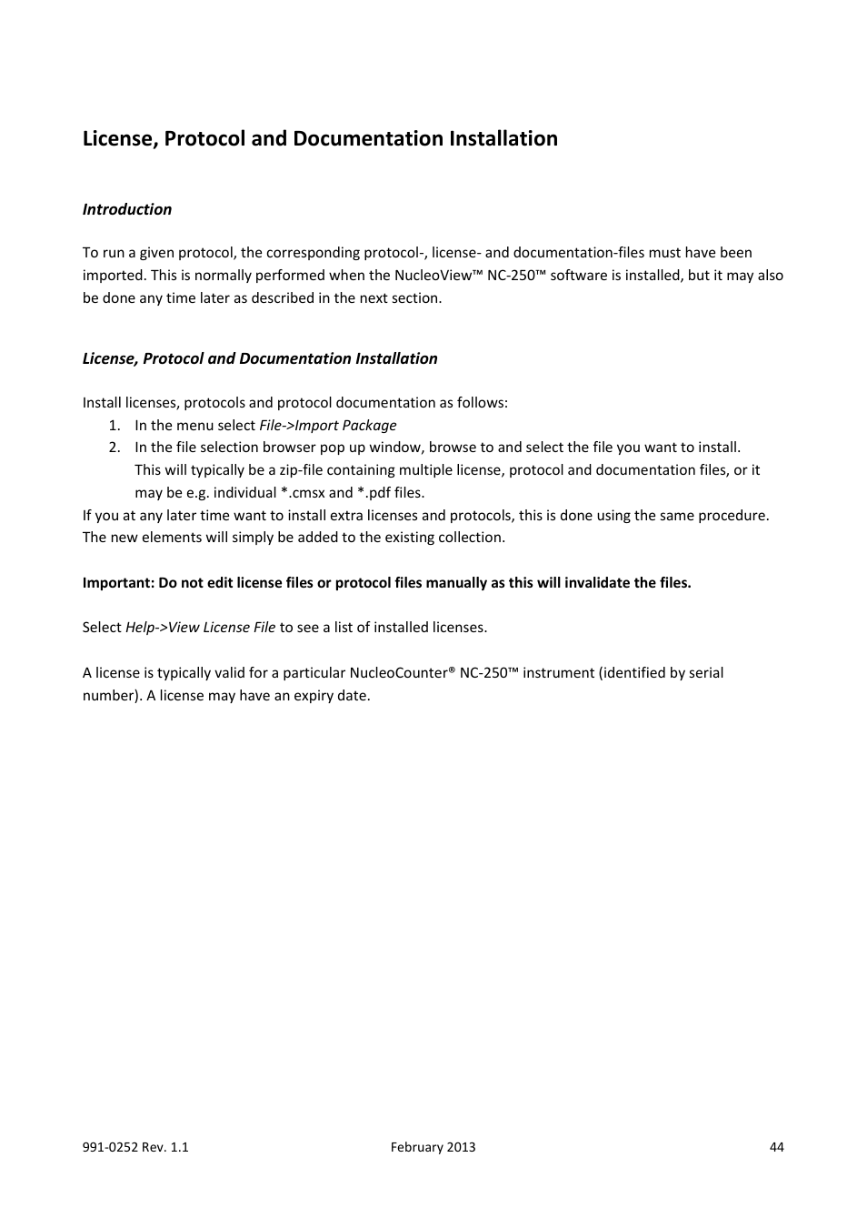 License, protocol and documentation installation, Introduction | ChemoMetec NC-250 User Manual | Page 44 / 48