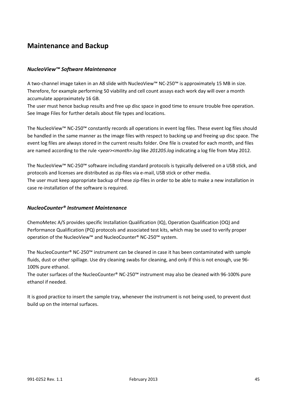 Maintenance and backup, Nucleoview™ software maintenance, Nucleocounter® instrument maintenance | ChemoMetec NC-250 User Manual | Page 45 / 48