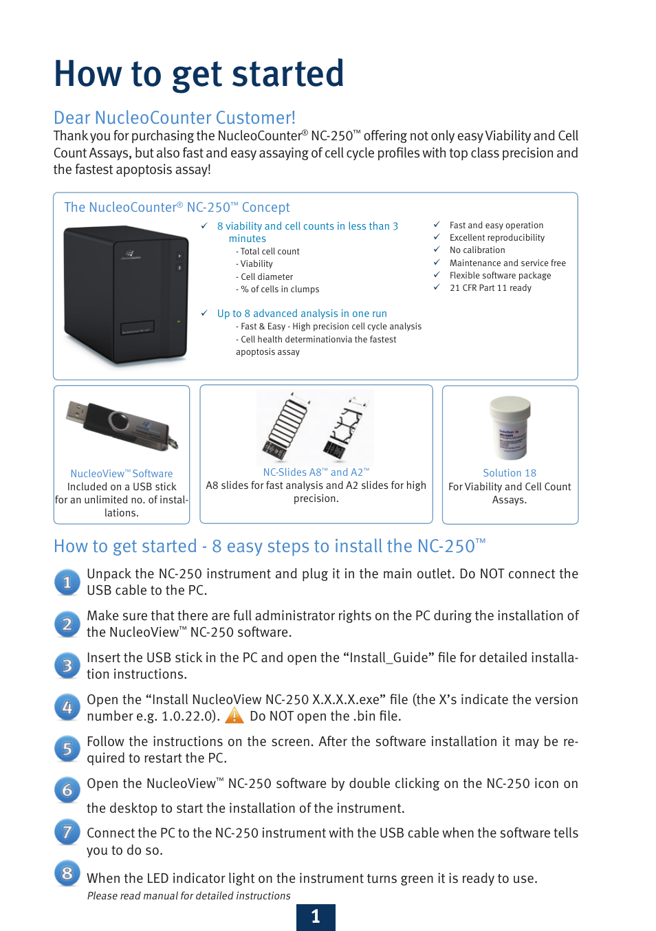 How to get started, Dear nucleocounter customer, Nc-250 | The nucleocounter, Concept | ChemoMetec NC-250 User Manual | Page 2 / 8