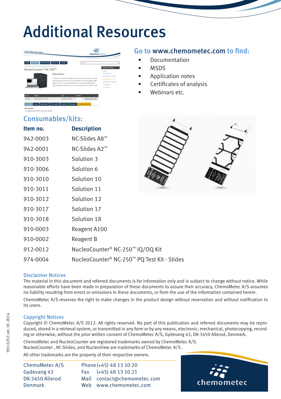 Additional resources, Consumables/kits | ChemoMetec NC-250 User Manual | Page 8 / 8