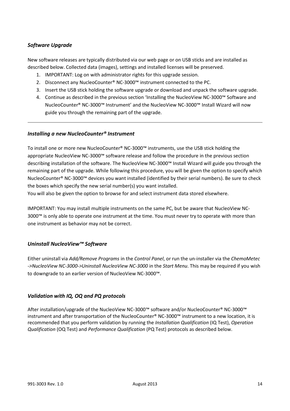 Software upgrade, Installing a new nucleocounter® instrument, Uninstall nucleoview™ software | Validation with iq, oq and pq protocols | ChemoMetec NC-3000 User Manual | Page 14 / 57