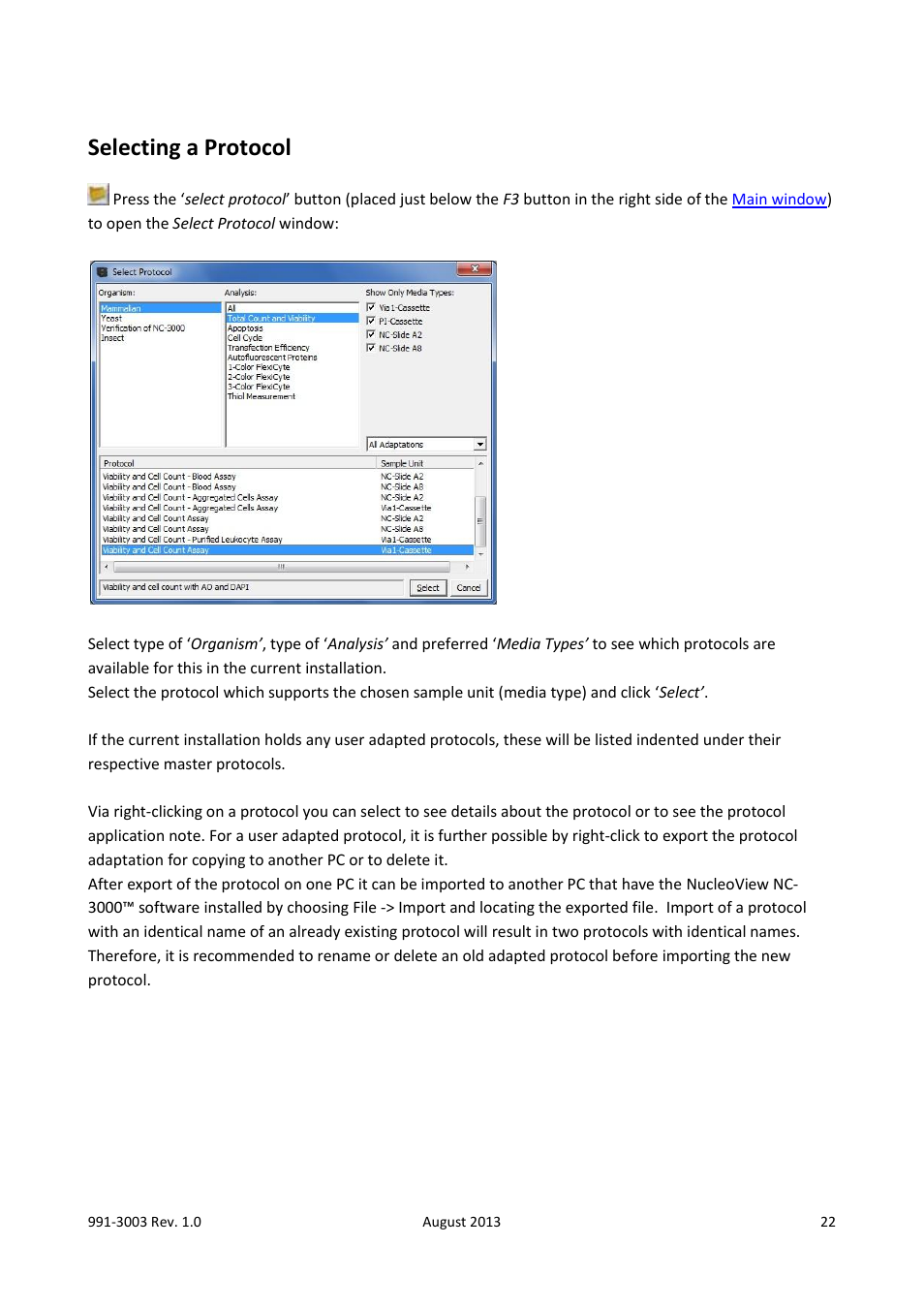 Selecting a protocol | ChemoMetec NC-3000 User Manual | Page 22 / 57