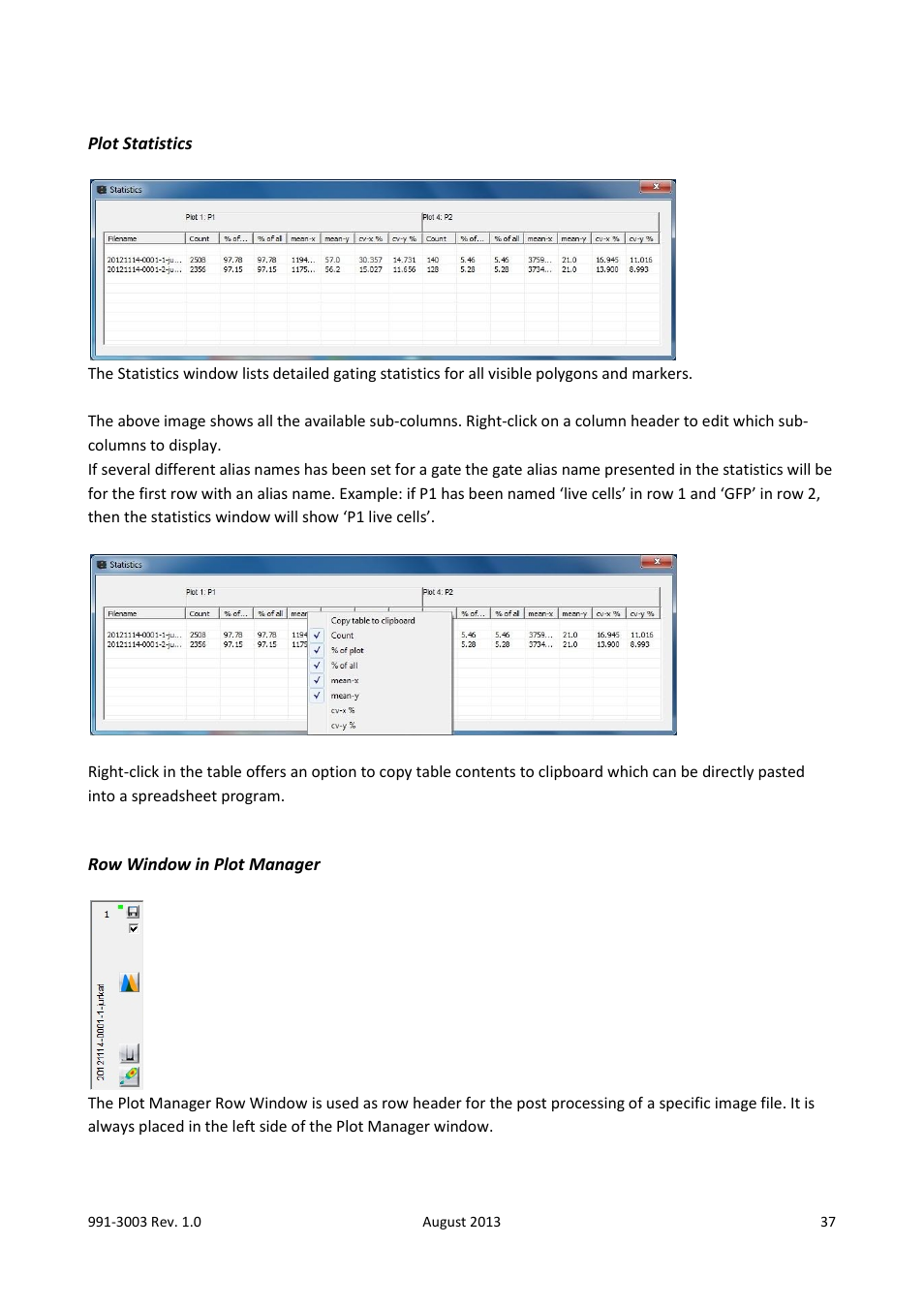 Plot statistics, Row window in plot manager, Statistics | Row window | ChemoMetec NC-3000 User Manual | Page 37 / 57