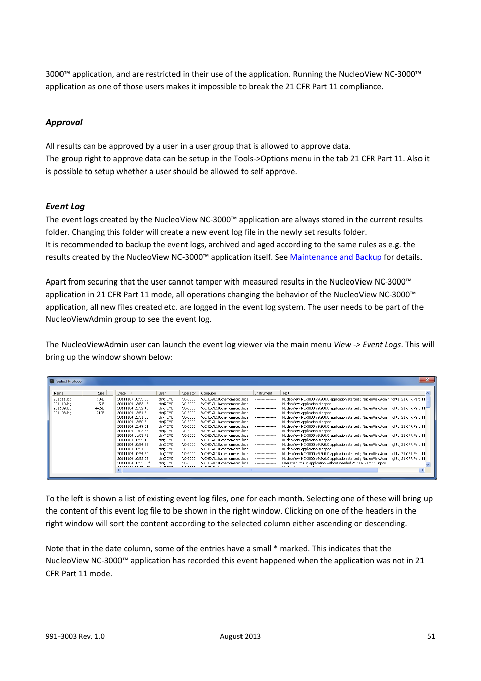 Approval, Event log | ChemoMetec NC-3000 User Manual | Page 51 / 57