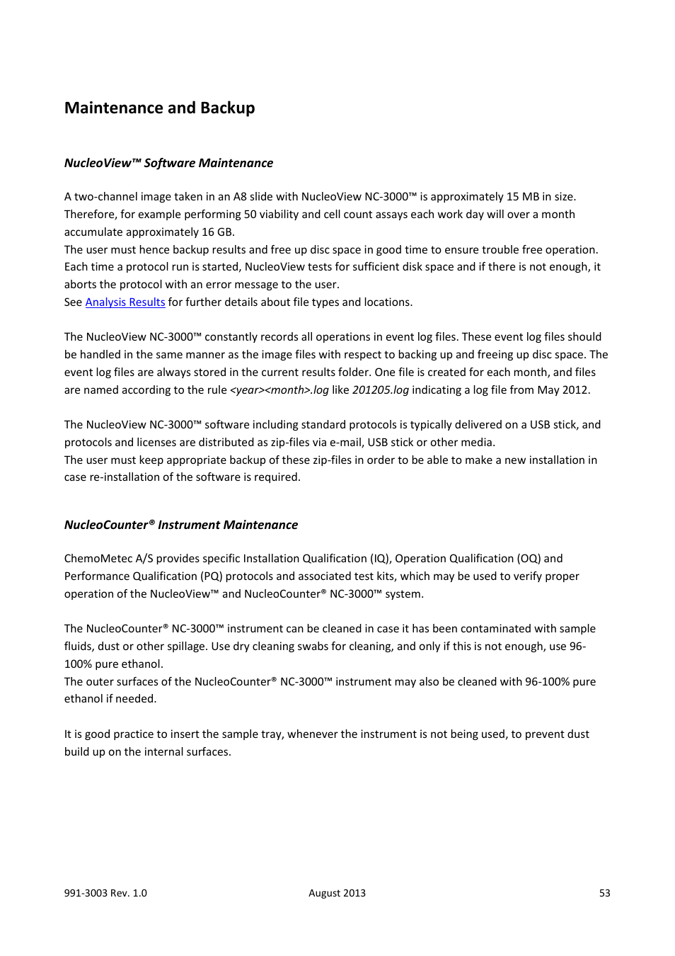 Maintenance and backup, Nucleoview™ software maintenance, Nucleocounter® instrument maintenance | ChemoMetec NC-3000 User Manual | Page 53 / 57
