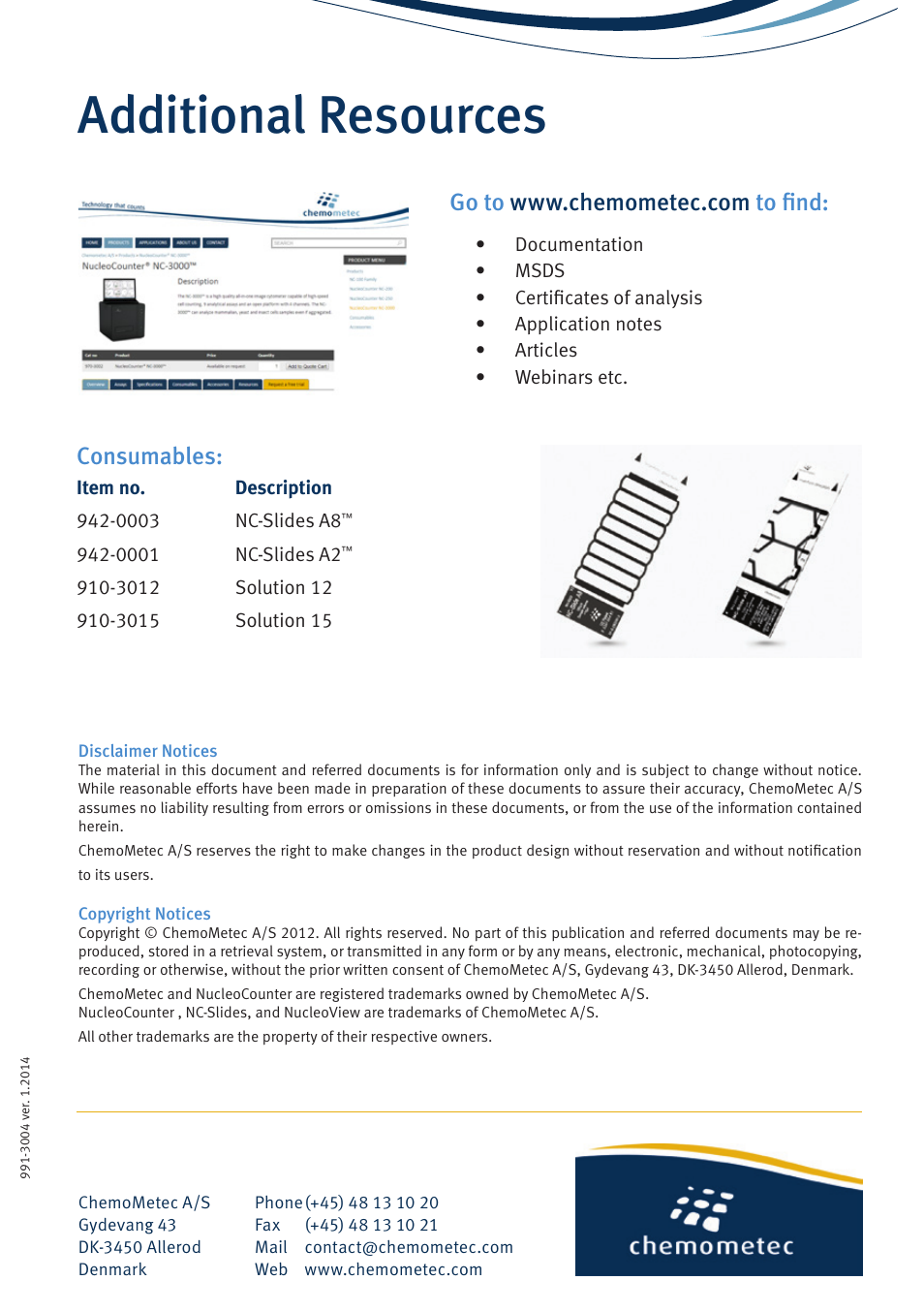 Additional resources, Consumables | ChemoMetec NC-3000 User Manual | Page 20 / 20