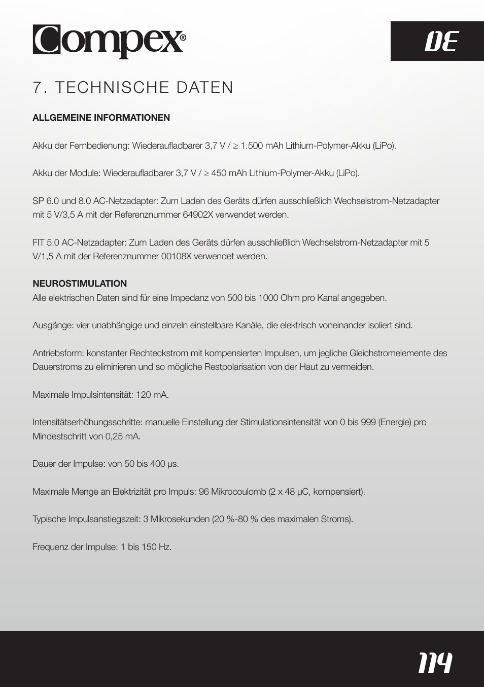 114 de, Technische daten | Compex SP8.0 User Manual | Page 116 / 362