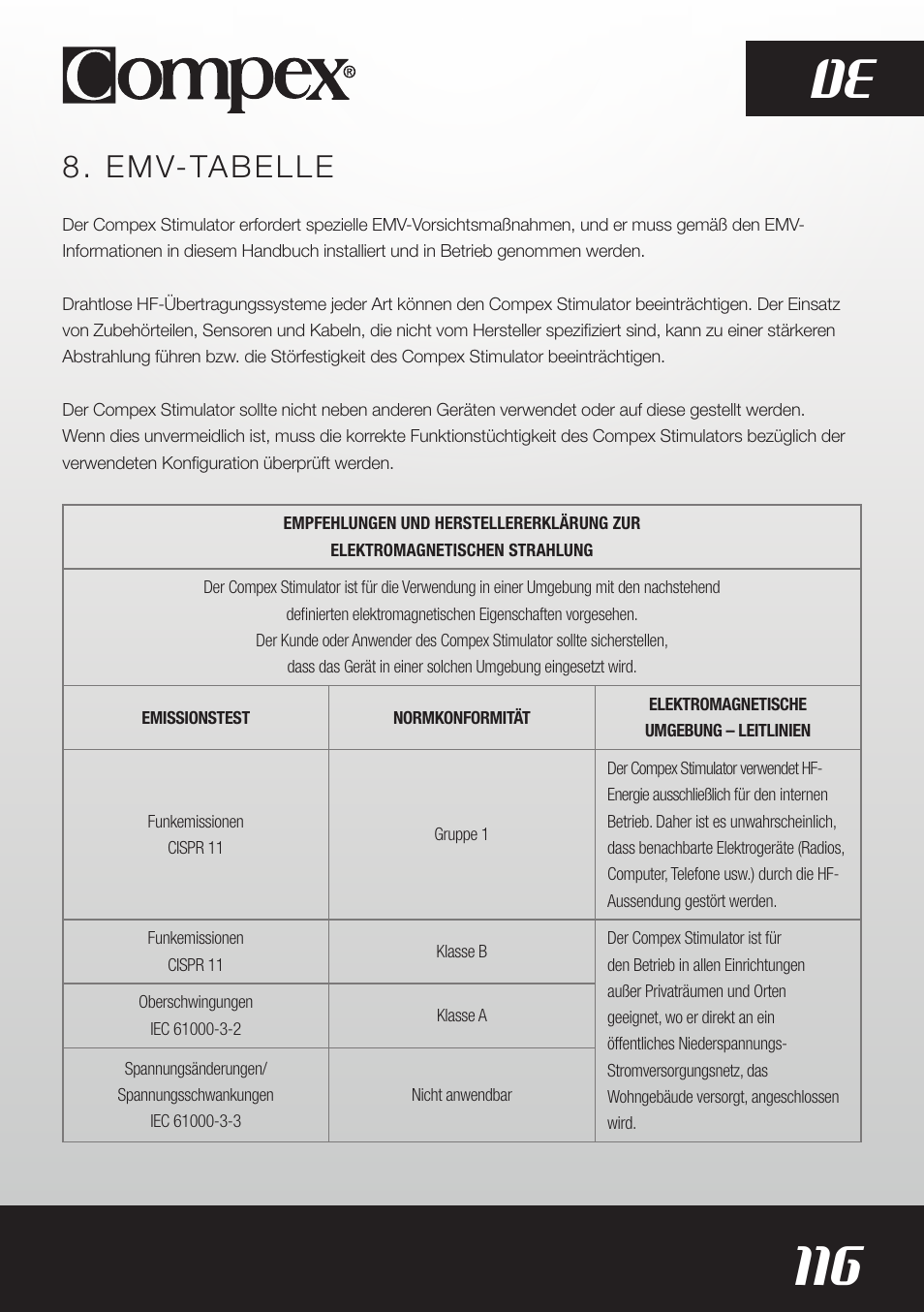 116 de, Emv-tabelle | Compex SP8.0 User Manual | Page 118 / 362