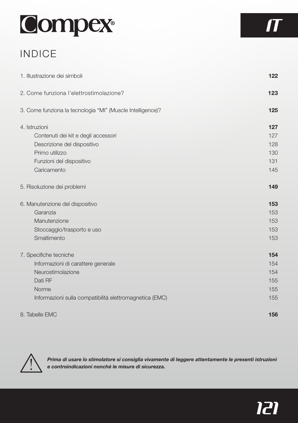 121 it, Indice | Compex SP8.0 User Manual | Page 123 / 362