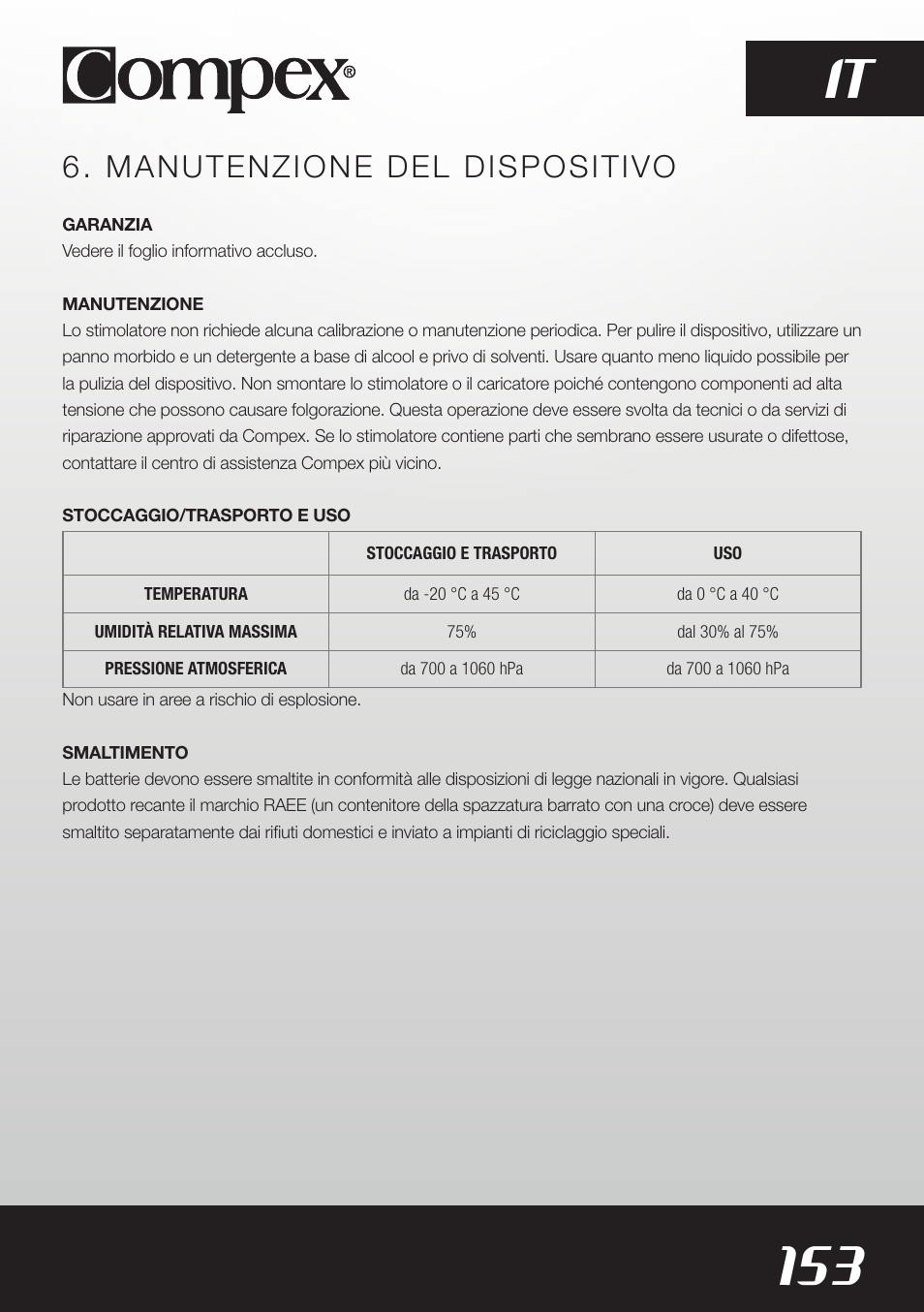 153 it, Manutenzione del dispositivo | Compex SP8.0 User Manual | Page 155 / 362