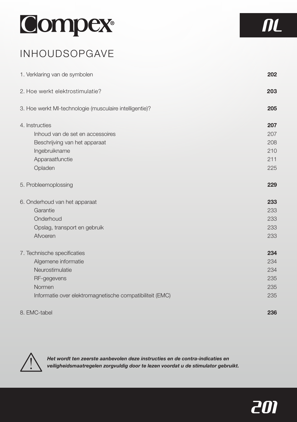 201 nl, Inhoudsopgave | Compex SP8.0 User Manual | Page 203 / 362