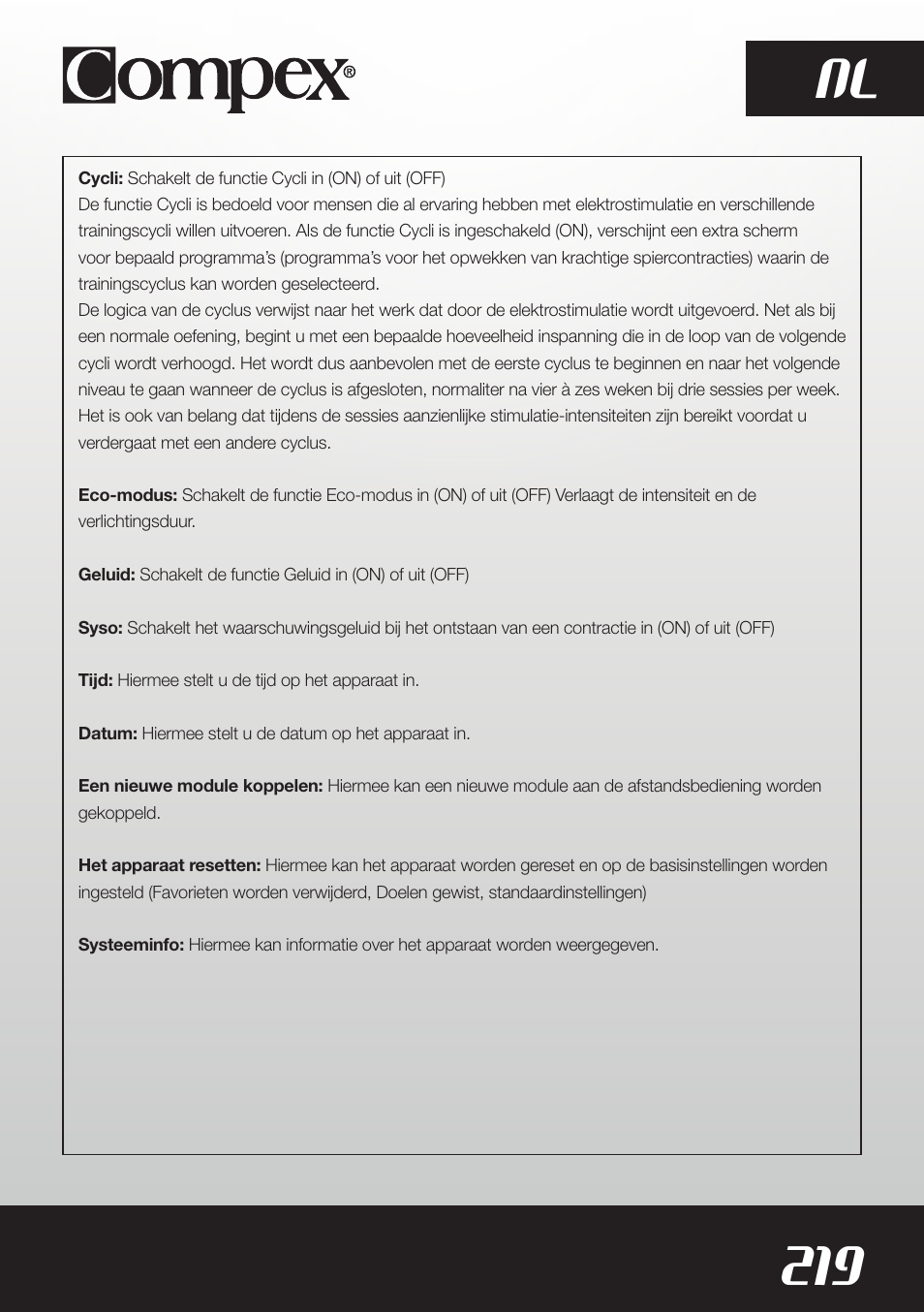 219 nl | Compex SP8.0 User Manual | Page 221 / 362
