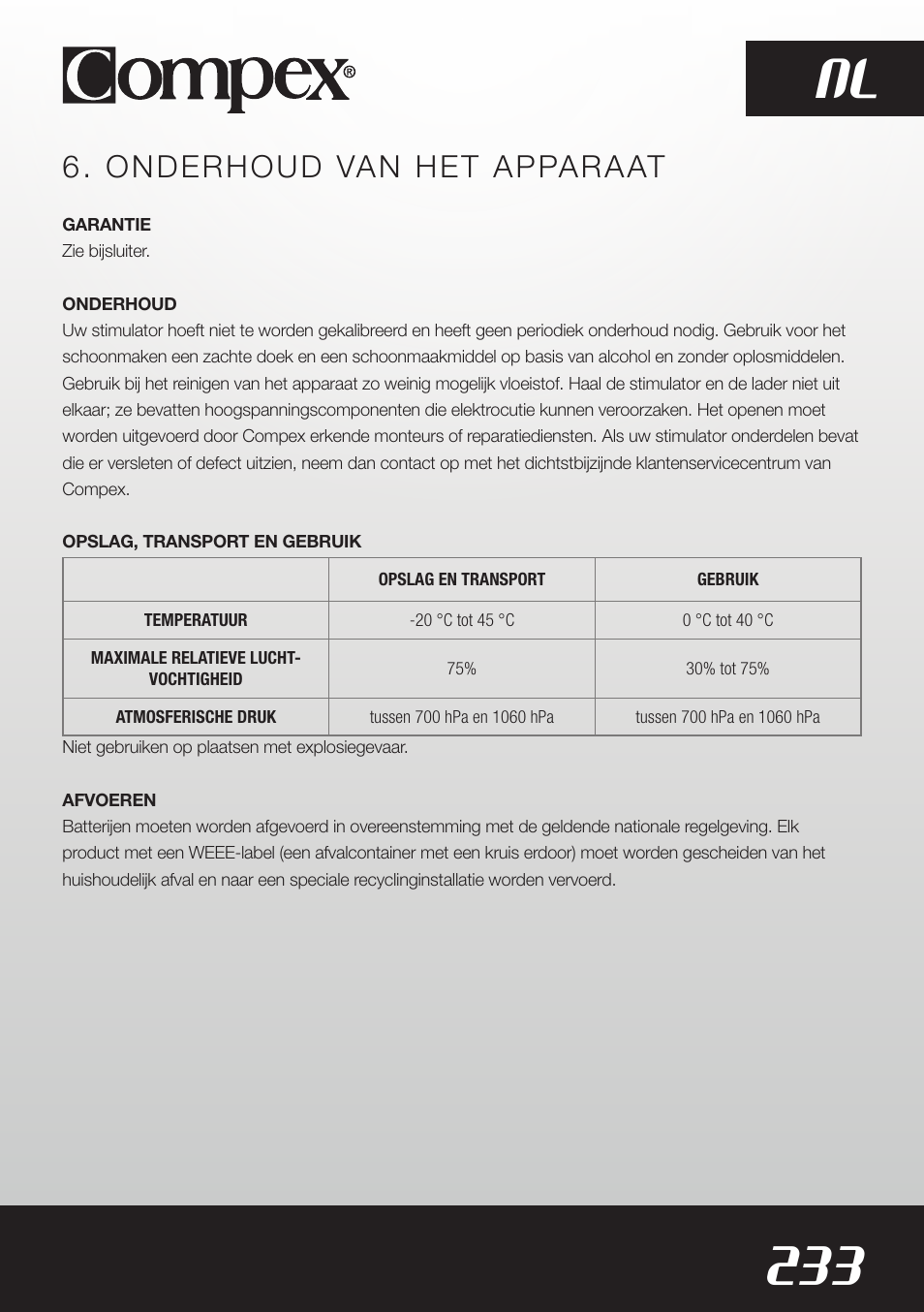 233 nl, Onderhoud van het apparaat | Compex SP8.0 User Manual | Page 235 / 362