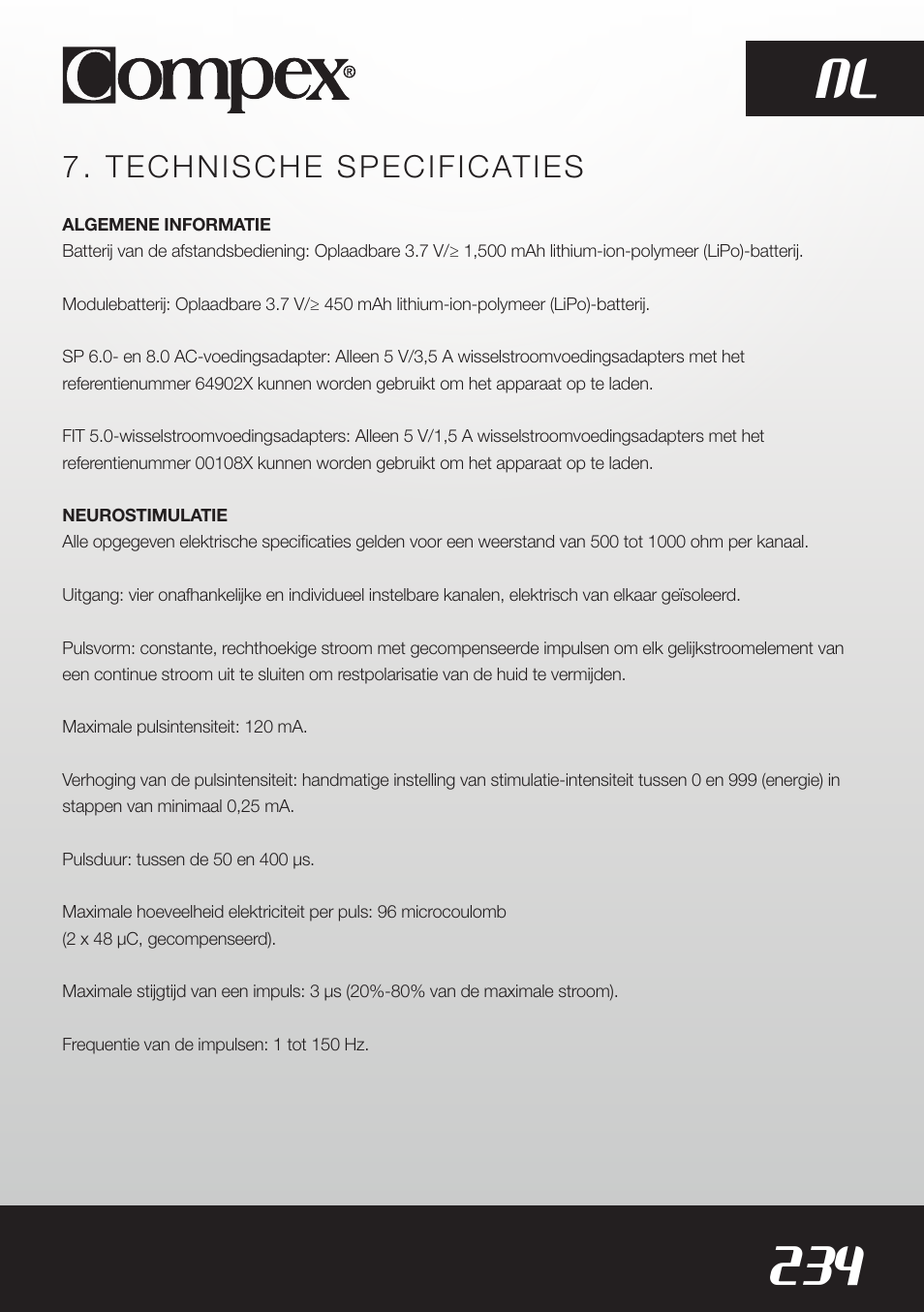 234 nl, Technische specificaties | Compex SP8.0 User Manual | Page 236 / 362