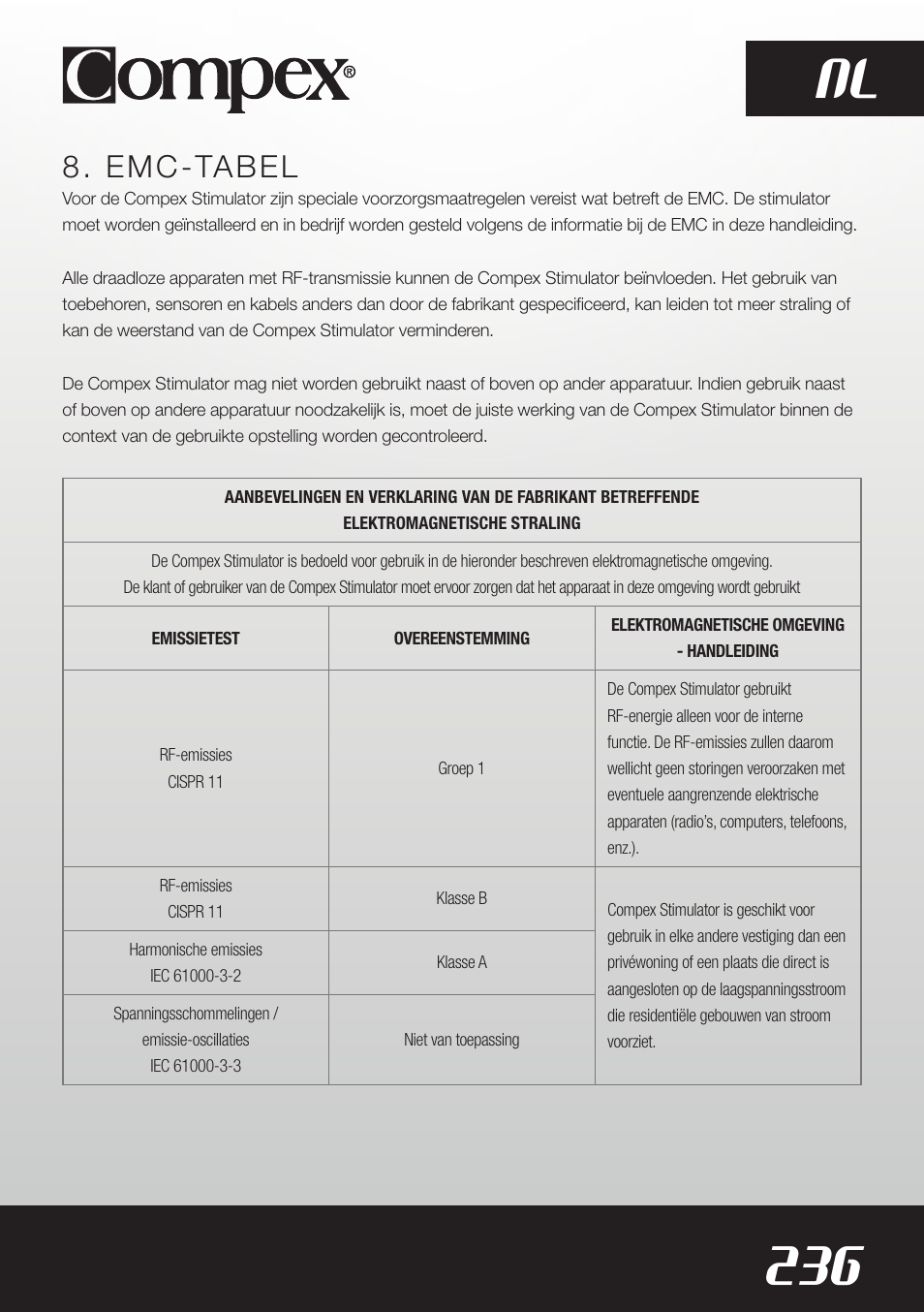 236 nl, Emc-tabel | Compex SP8.0 User Manual | Page 238 / 362