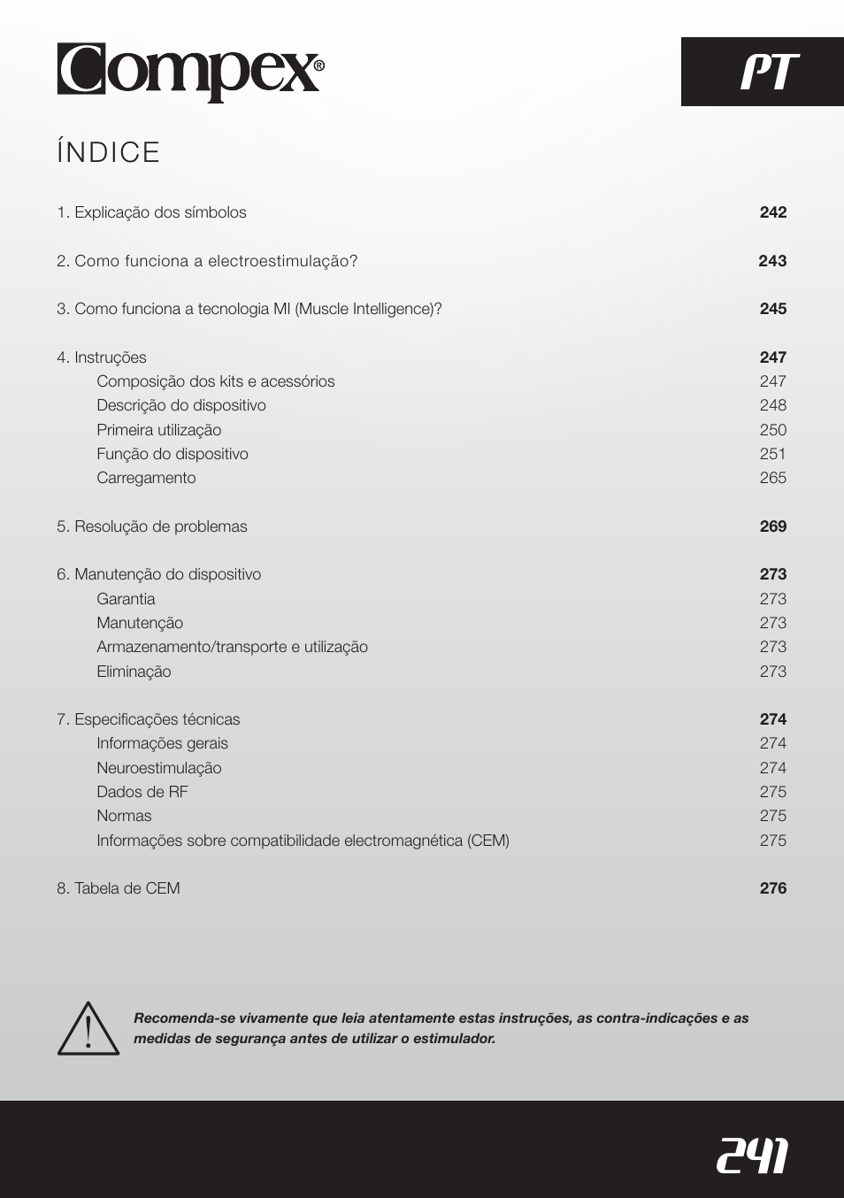241 pt, Índice | Compex SP8.0 User Manual | Page 243 / 362