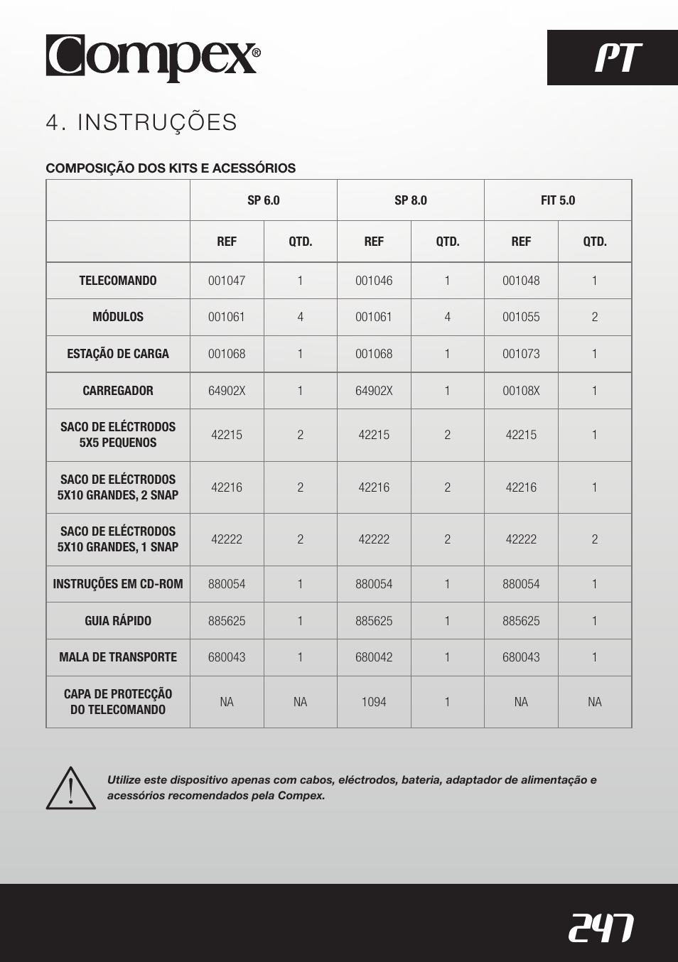 247 pt, Instruções | Compex SP8.0 User Manual | Page 249 / 362