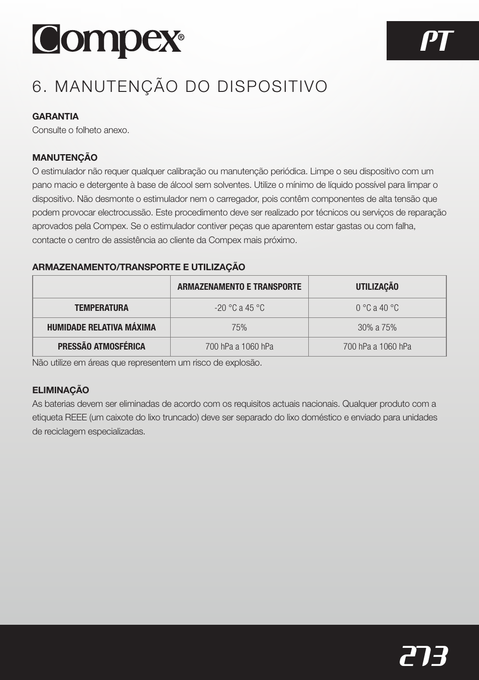 273 pt, Manutenção do dispositivo | Compex SP8.0 User Manual | Page 275 / 362