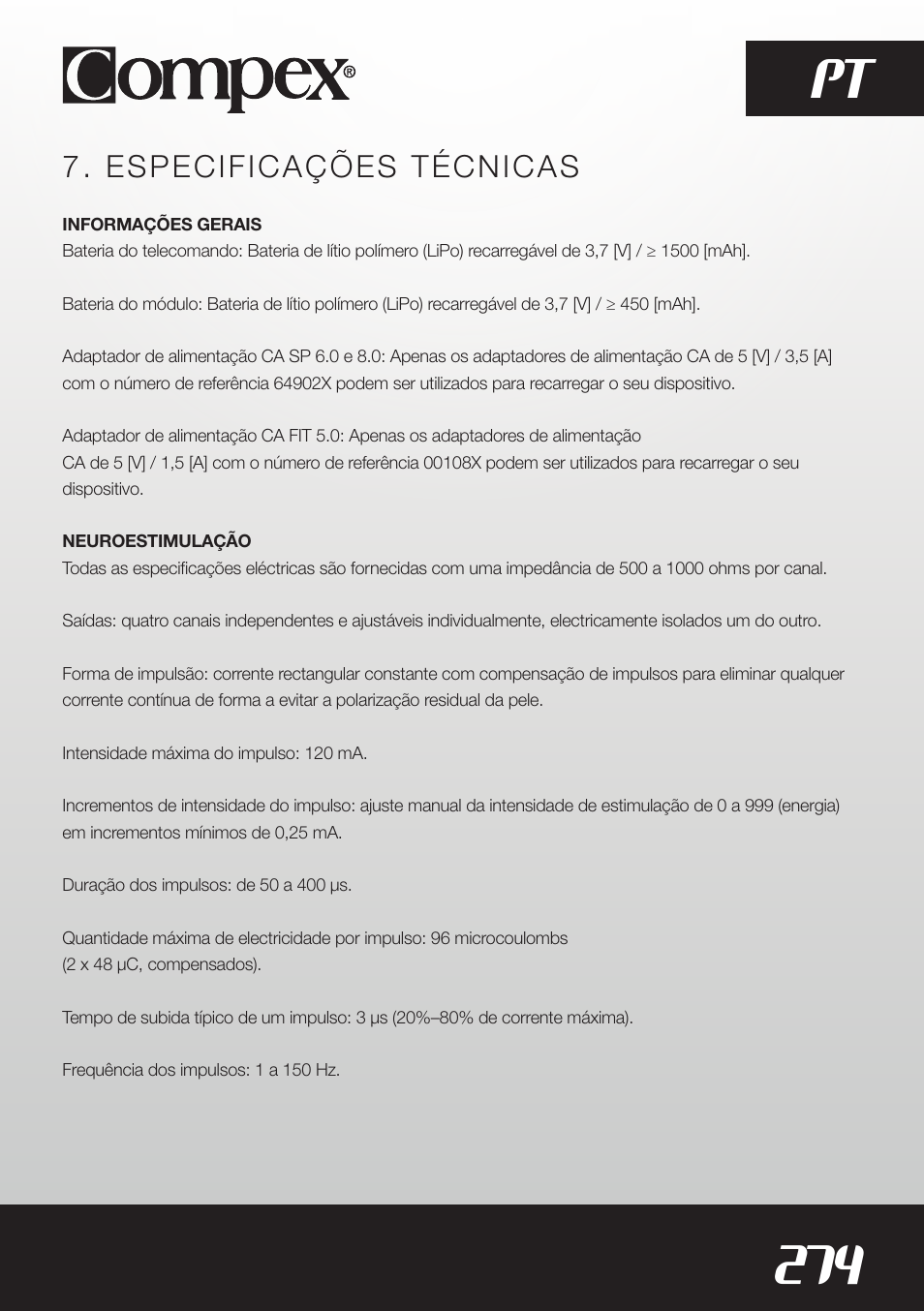 274 pt, Especificações técnicas | Compex SP8.0 User Manual | Page 276 / 362