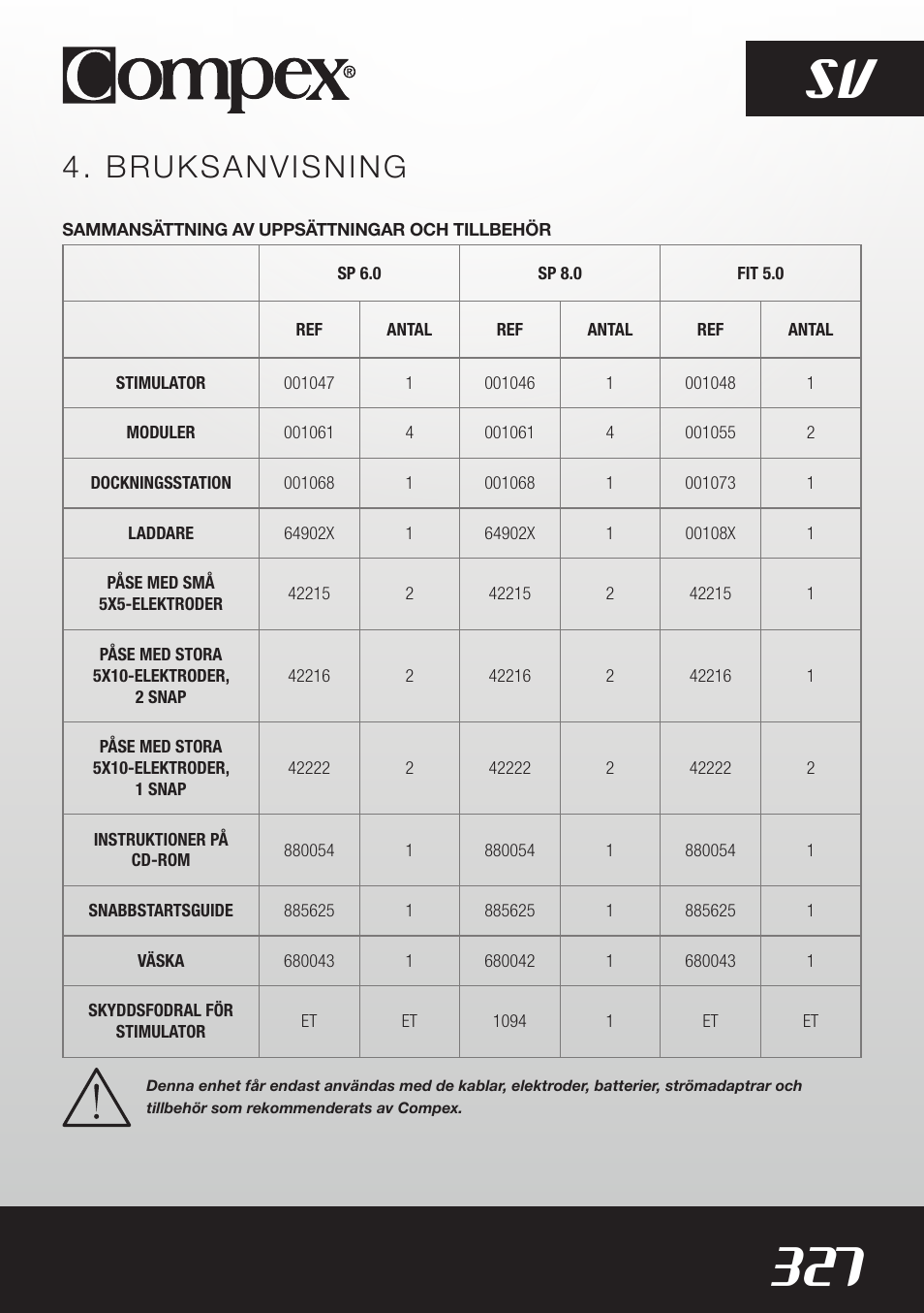 327 sv, Bruksanvisning | Compex SP8.0 User Manual | Page 329 / 362