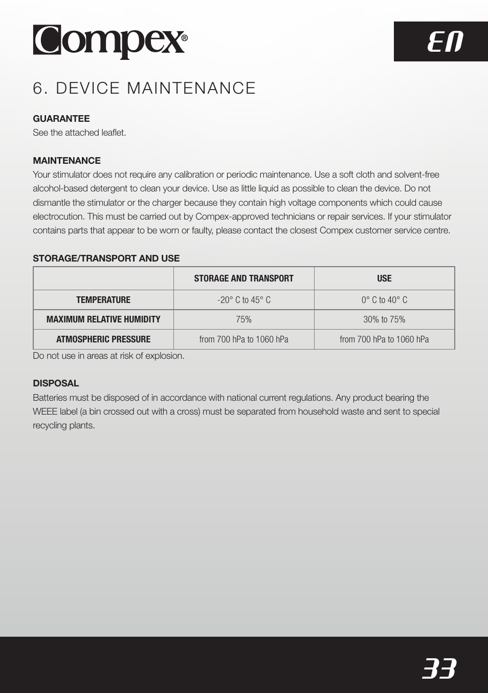 33 en, Device maintenance | Compex SP8.0 User Manual | Page 35 / 362