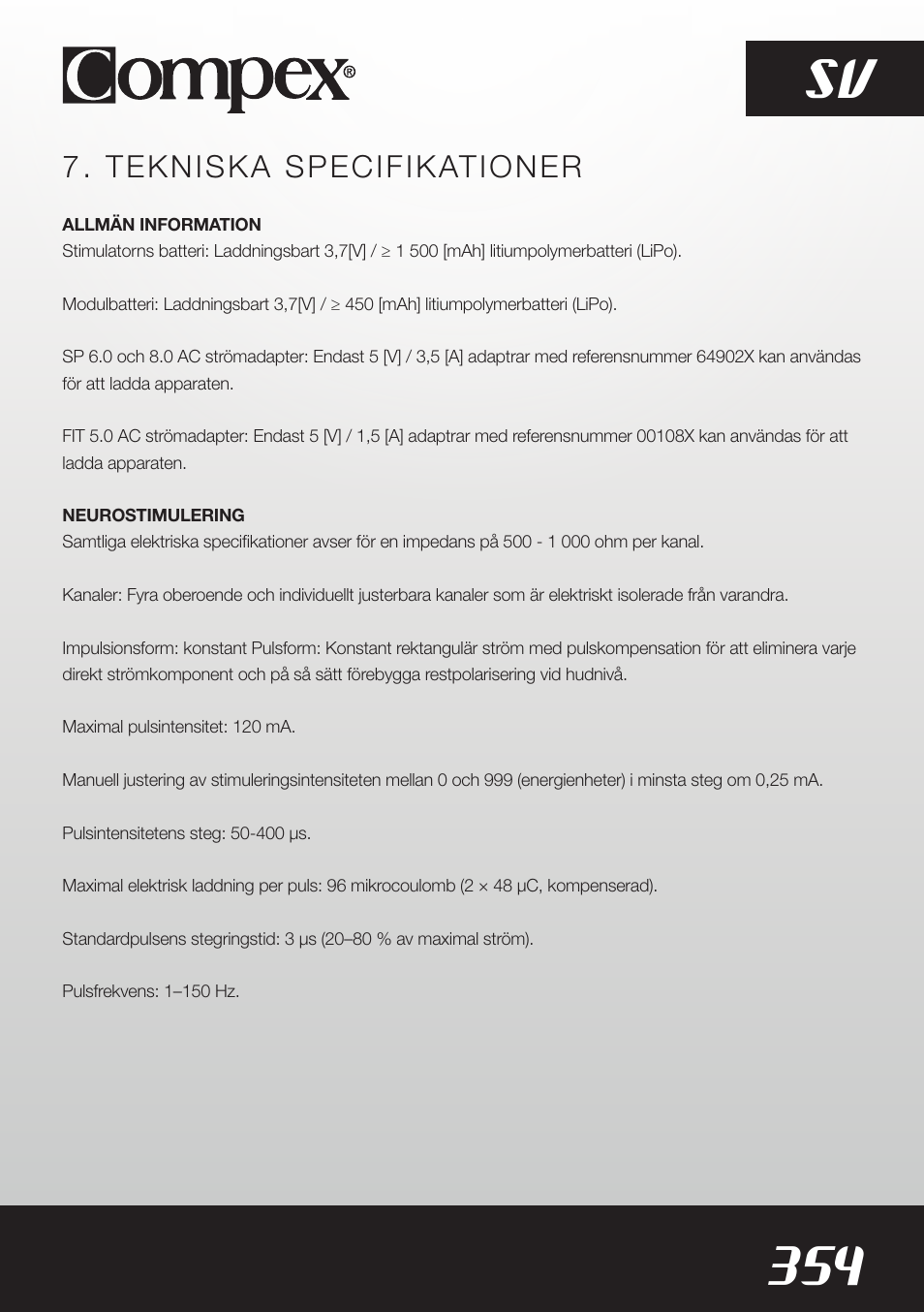 354 sv, Tekniska specifikationer | Compex SP8.0 User Manual | Page 356 / 362