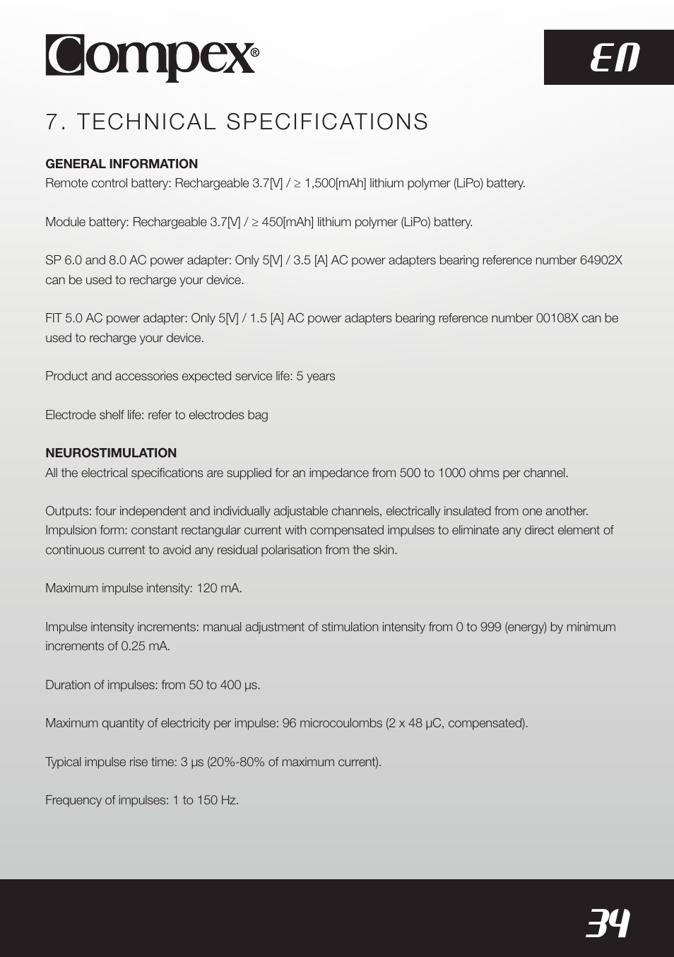 34 en, Technical specifications | Compex SP8.0 User Manual | Page 36 / 362