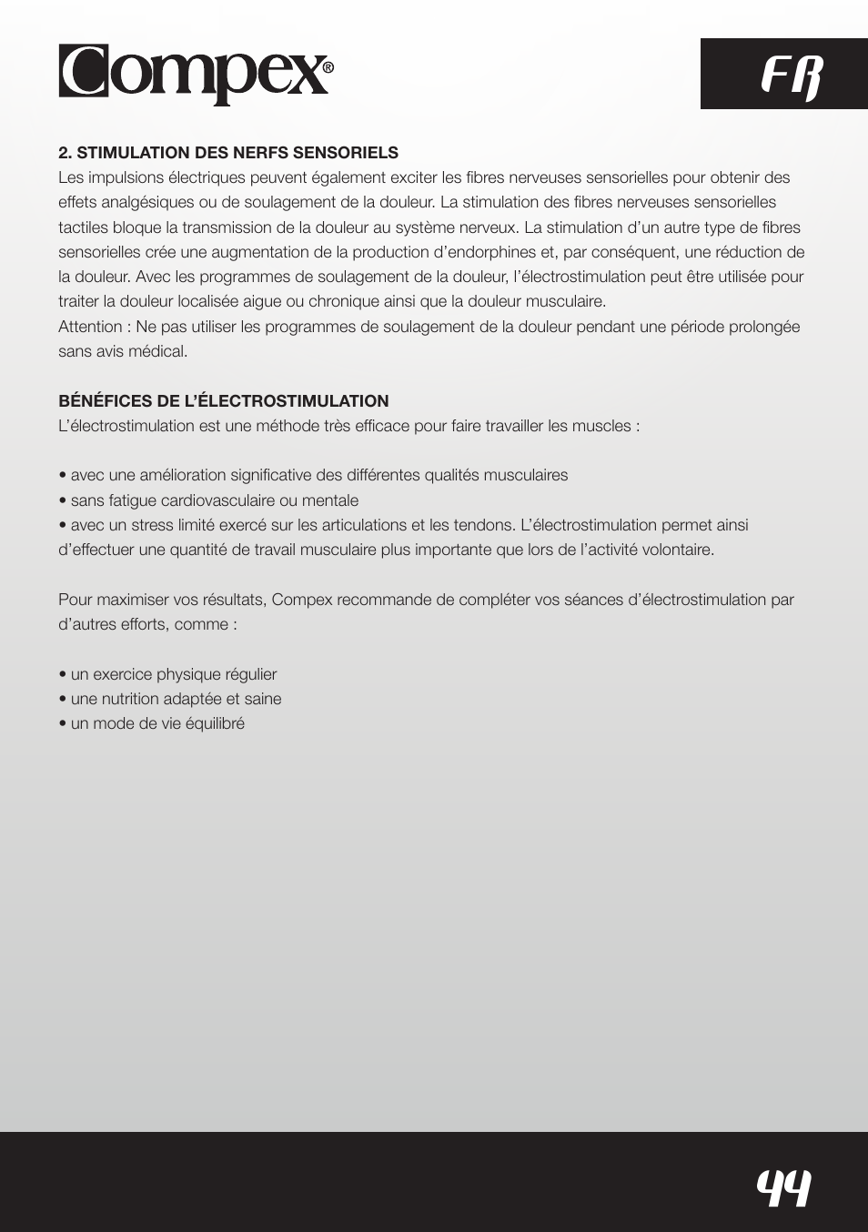 44 fr | Compex SP8.0 User Manual | Page 46 / 362