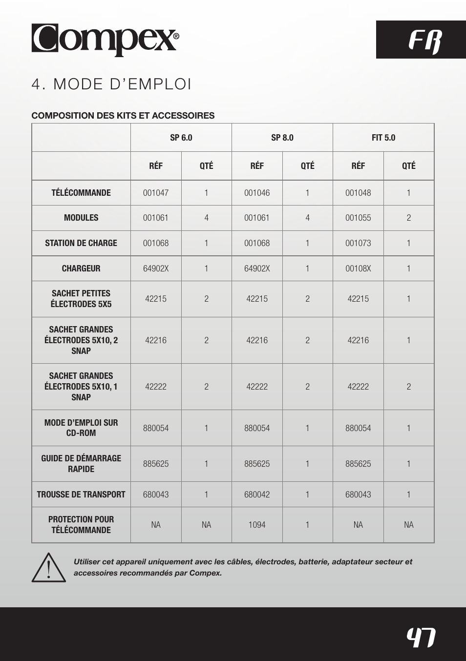 47 fr, Mode d’emploi | Compex SP8.0 User Manual | Page 49 / 362