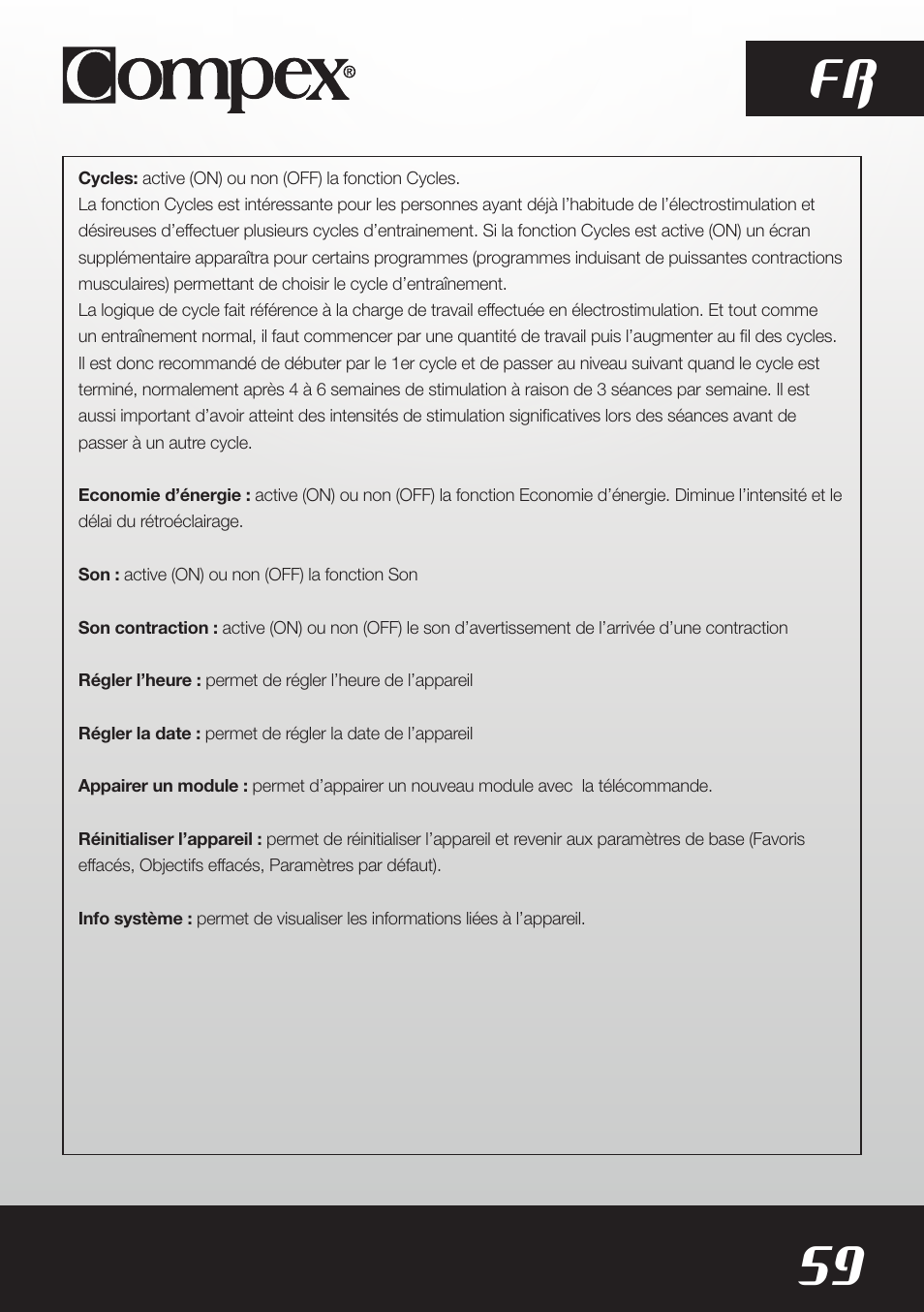 59 fr | Compex SP8.0 User Manual | Page 61 / 362