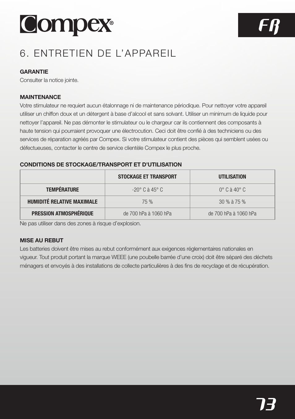 73 fr, Entretien de l’appareil | Compex SP8.0 User Manual | Page 75 / 362