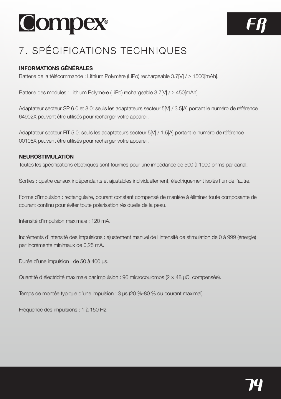 74 fr, Spécifications techniques | Compex SP8.0 User Manual | Page 76 / 362