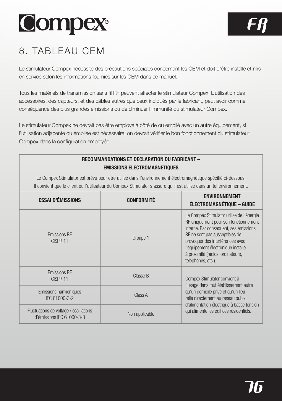 76 fr, Tableau cem | Compex SP8.0 User Manual | Page 78 / 362