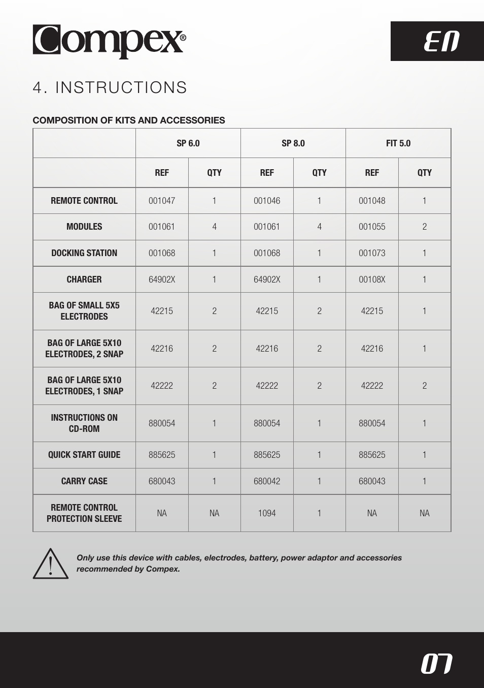 07 en, Instructions | Compex SP8.0 User Manual | Page 9 / 362