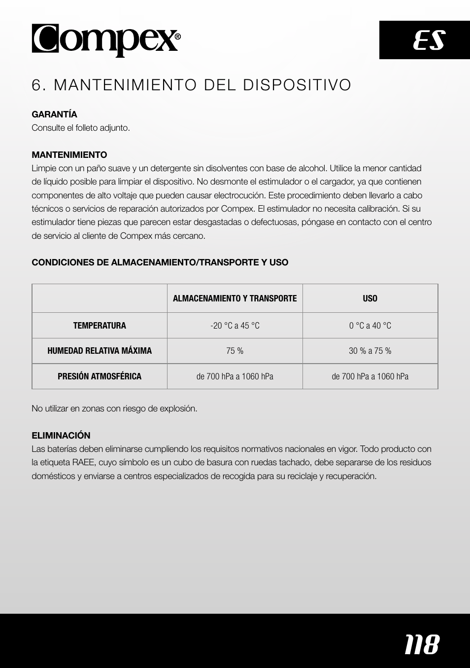 118 es, Mantenimiento del dispositivo | Compex SP4.0 User Manual | Page 120 / 226