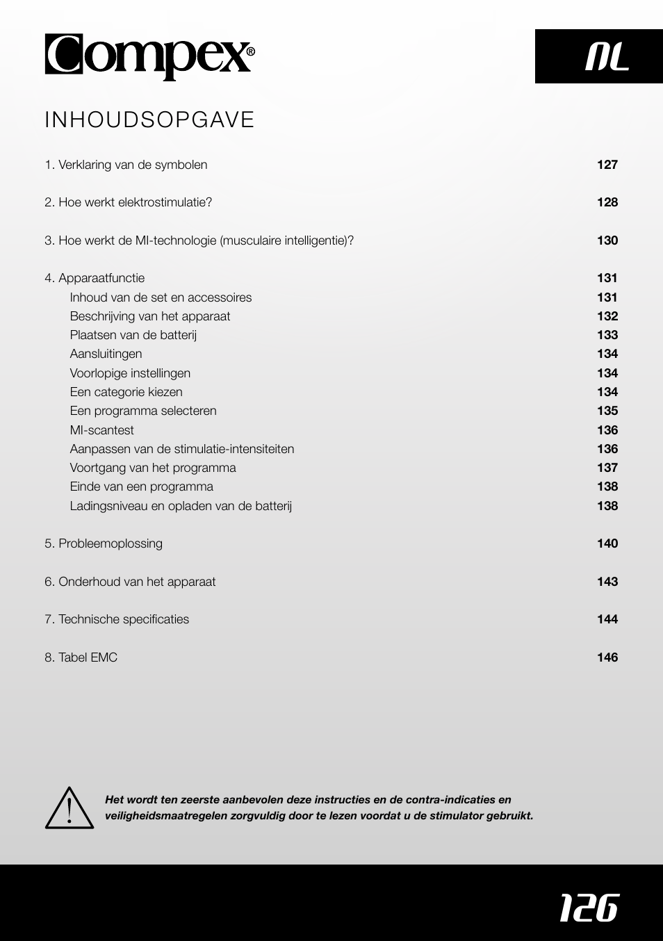 126 nl, Inhoudsopgave | Compex SP4.0 User Manual | Page 128 / 226