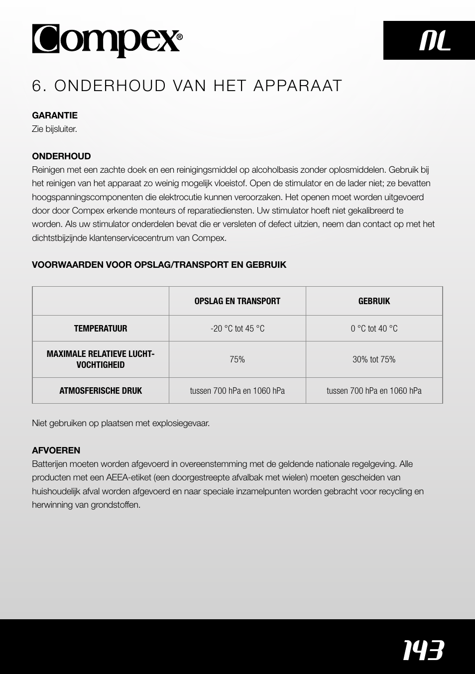 143 nl, Onderhoud van het apparaat | Compex SP4.0 User Manual | Page 145 / 226