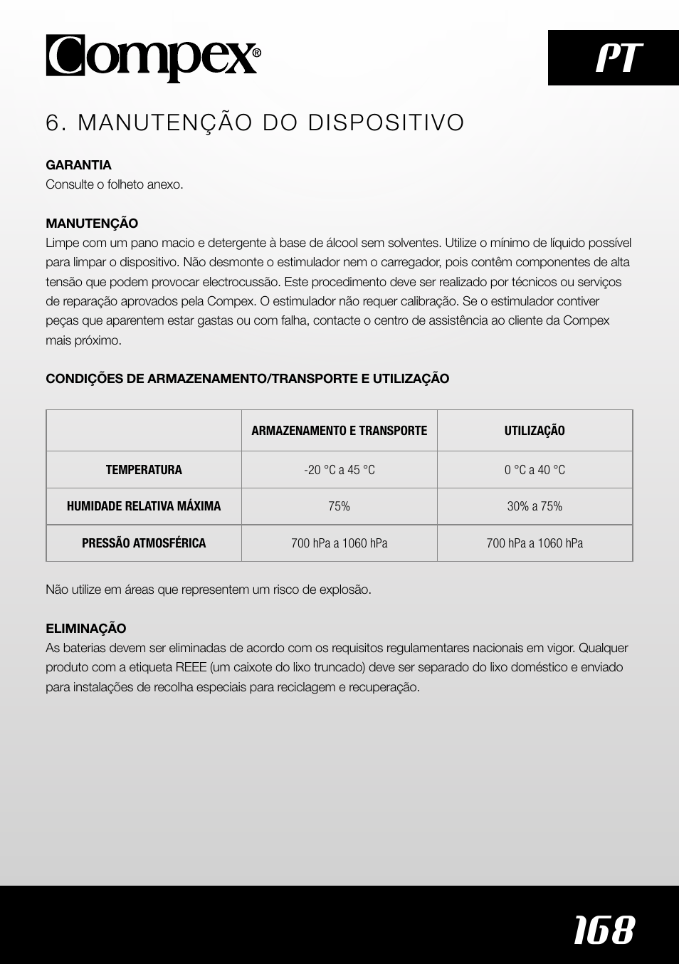 168 pt, Manutenção do dispositivo | Compex SP4.0 User Manual | Page 170 / 226
