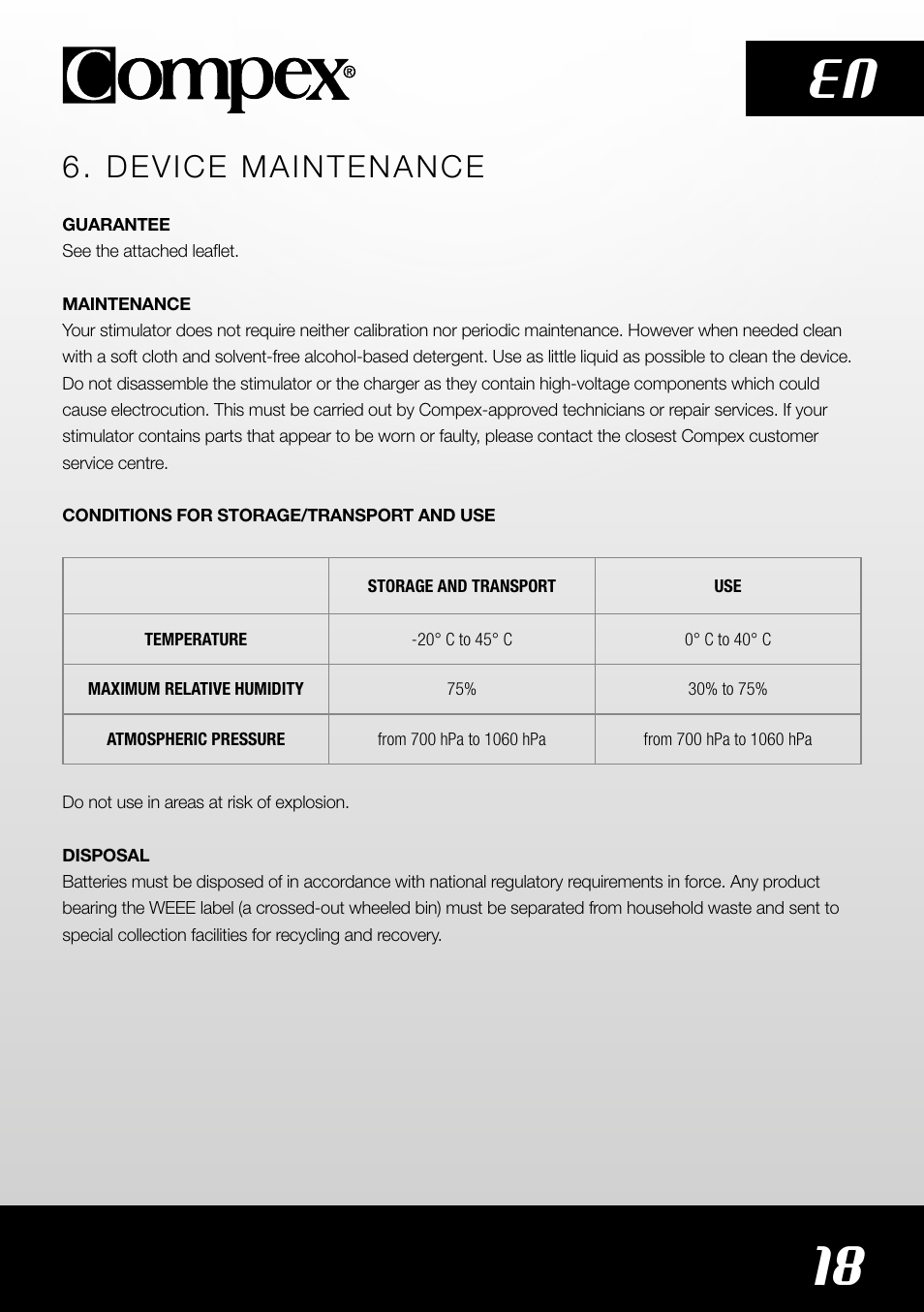 18 en, Device maintenance | Compex SP4.0 User Manual | Page 20 / 226