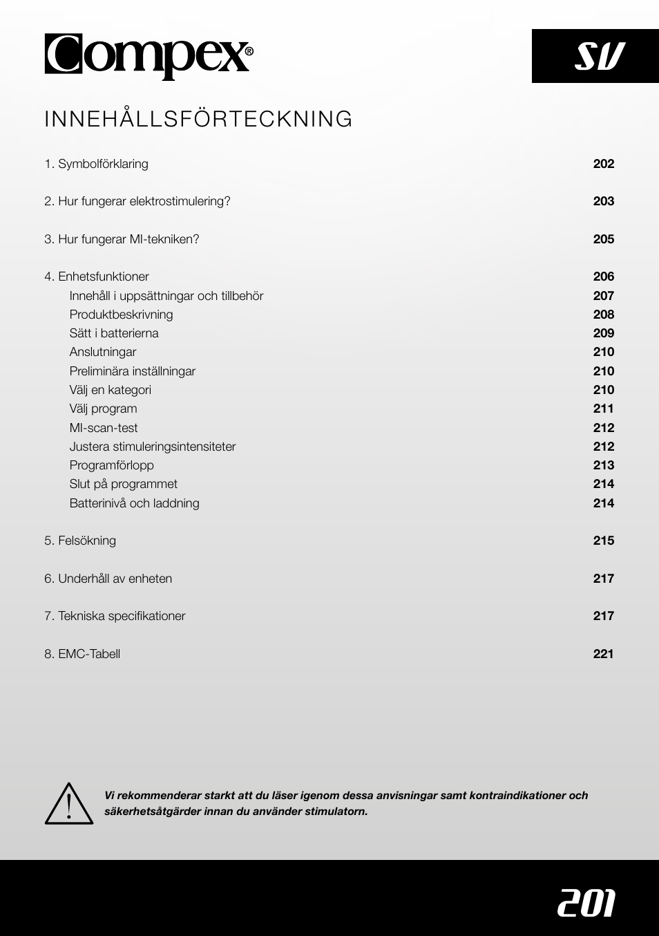 201 sv, Innehållsförteckning | Compex SP4.0 User Manual | Page 203 / 226