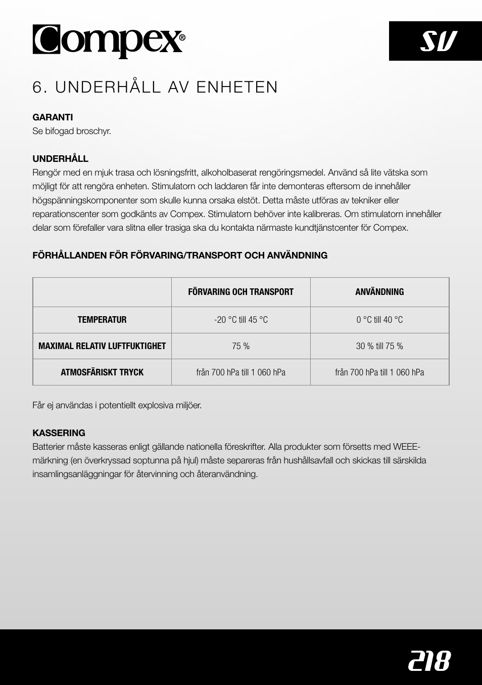 218 sv, Underhåll av enheten | Compex SP4.0 User Manual | Page 220 / 226