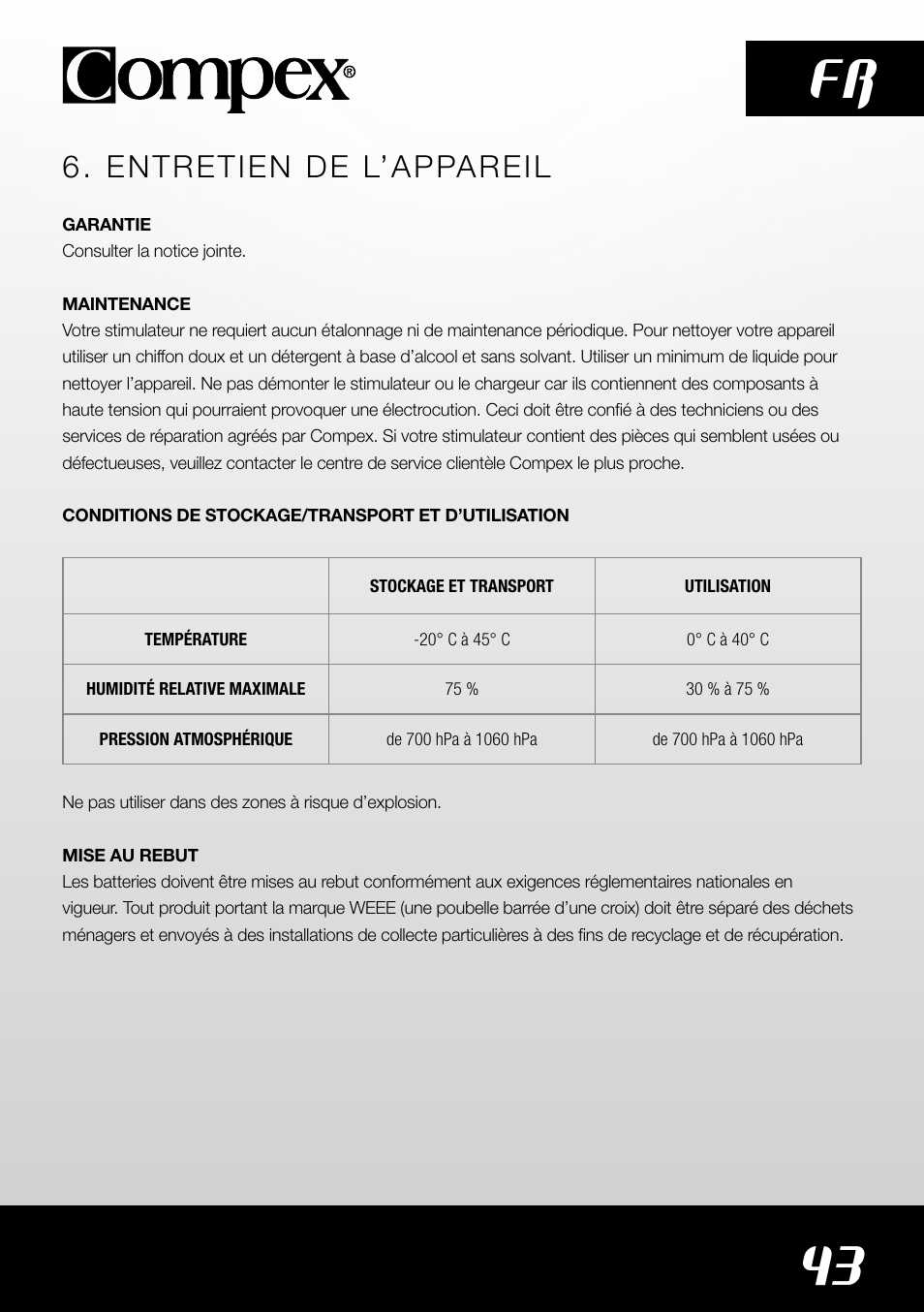 43 fr, Entretien de l’appareil | Compex SP4.0 User Manual | Page 45 / 226