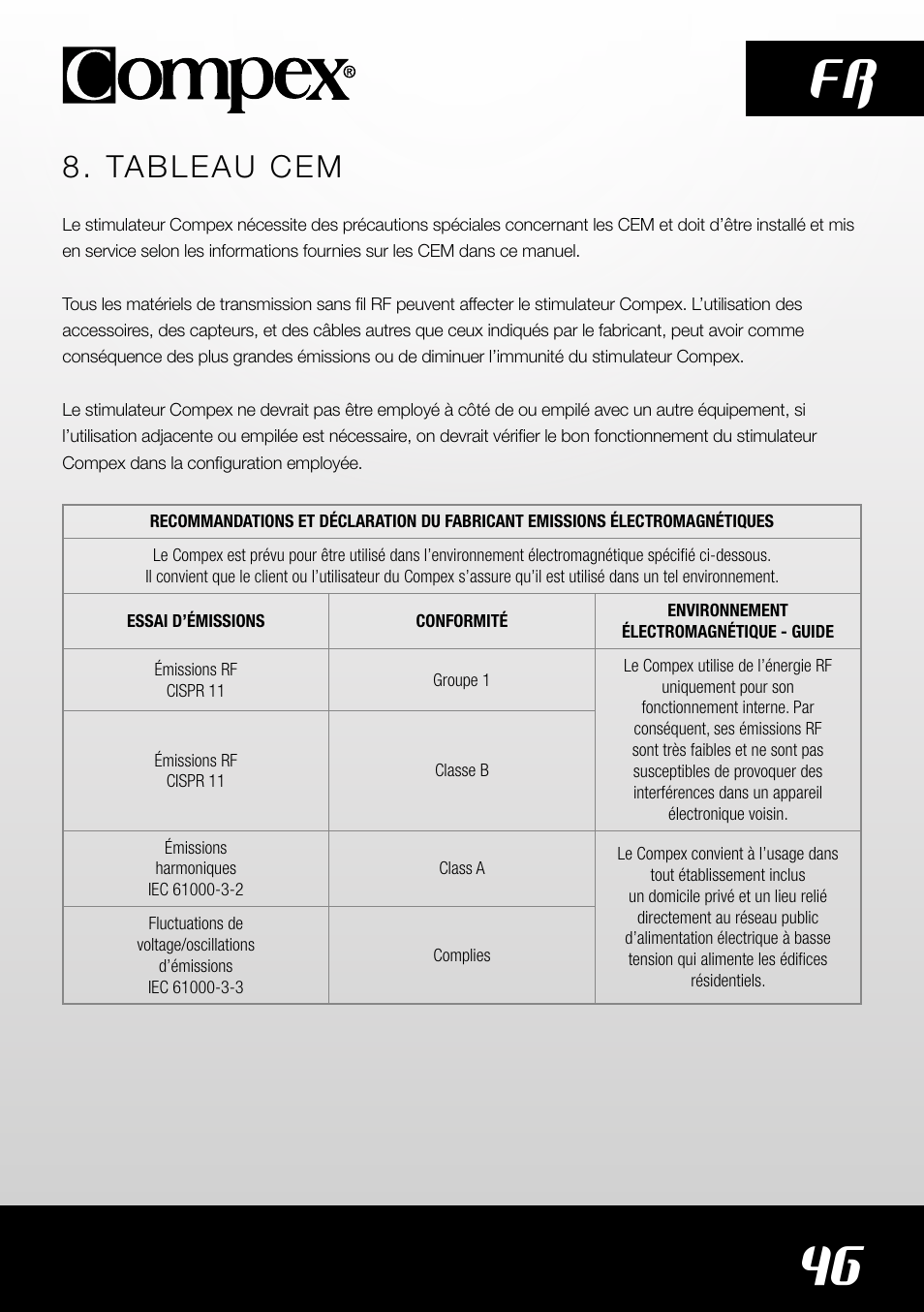 46 fr, Tableau cem | Compex SP4.0 User Manual | Page 48 / 226